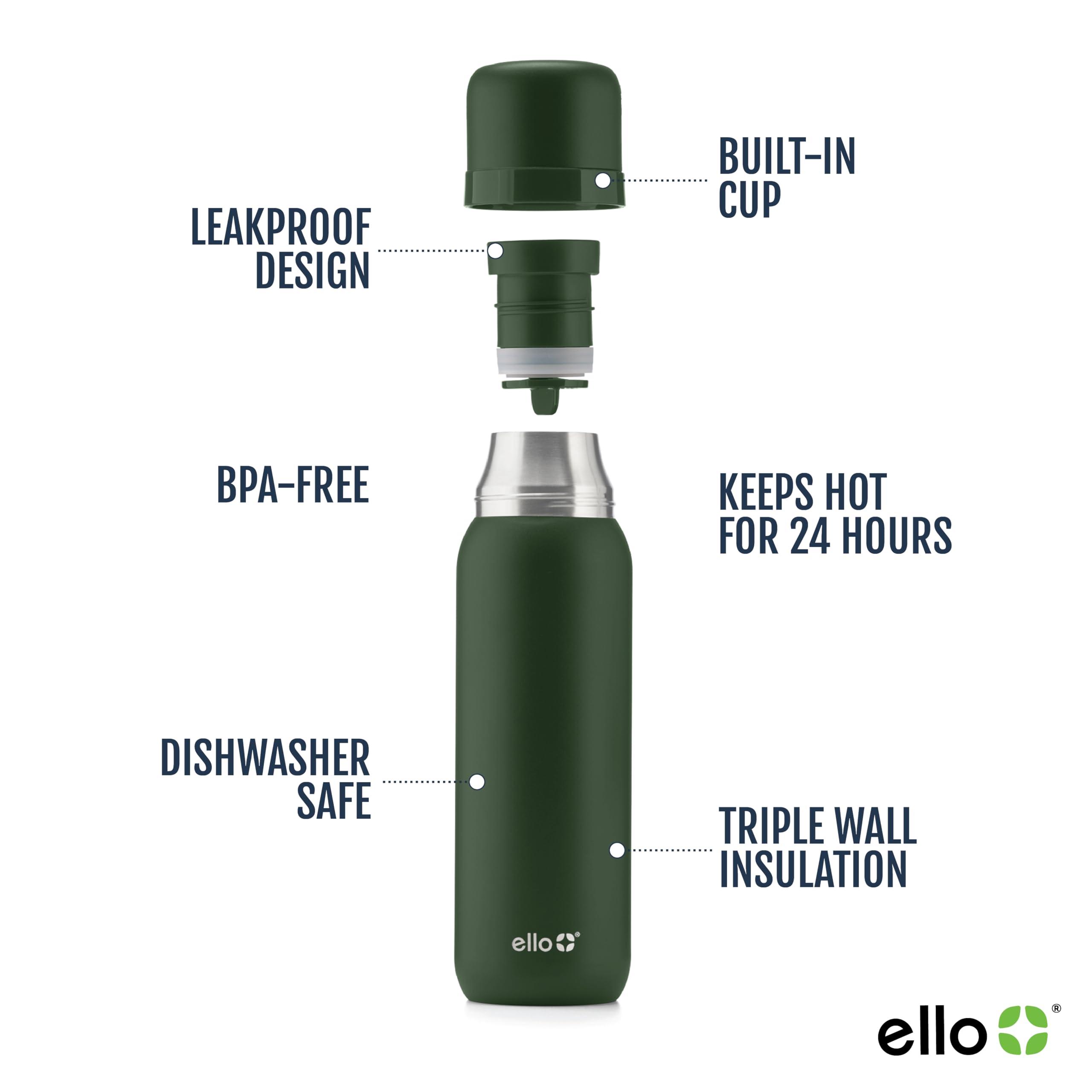 Ello Ello Therma 32oz Insulated Stainless Steel Thermos for Hot & Cold Beverages with Leak Proof Lid & Built-in Cup, Triple Wall Insulation, Hot 24 Hrs, Perfect for Coffee,Tea, Dishwasher Safe, Green