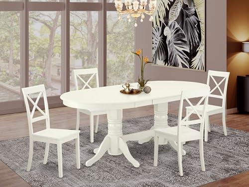 East West Furniture East West Furniture VABO5-LWH-W 5 Piece Kitchen Table Set for 4 Includes an Oval Dining Room Table with Butterfly Leaf and 4 Solid Wood Seat Chairs, 40x76 Inch, Linen White