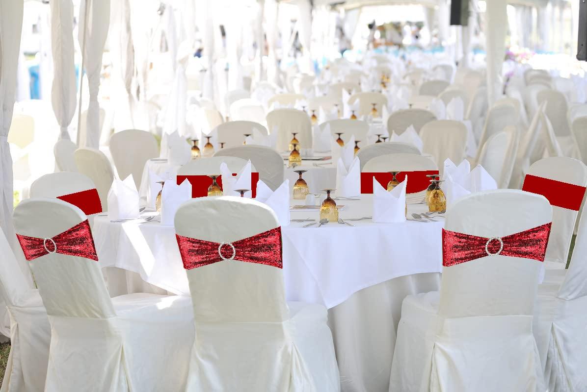 LIZIMI LIZIMI 100 Pcs Sequin Chair Sashes Stretch Chair Bands Spandex Polyester Bows for Party Hotel Wedding Banquets Decoration - Red