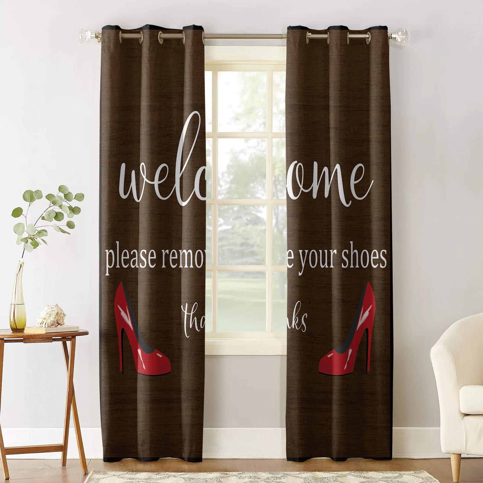 Tersuger Blackout Curtains for Living Room Bedroom, Welcome Please Remove Youe Shoes Window Curtain Panels Grommet Drapes Thermal Insulated Room Darkening Curtains 2 Panels, 42x84 inch