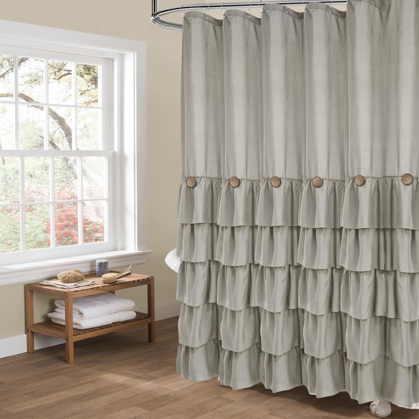 Seasonwood Grey Ruffle Button Shower Curtain Farmhouse Shower Curtain Set with 12 Hooks 72 X 72 inch Fabric Shower Curtains for Bathroom Bathtubs Decor Accessory Shabby Chic French Country Style
