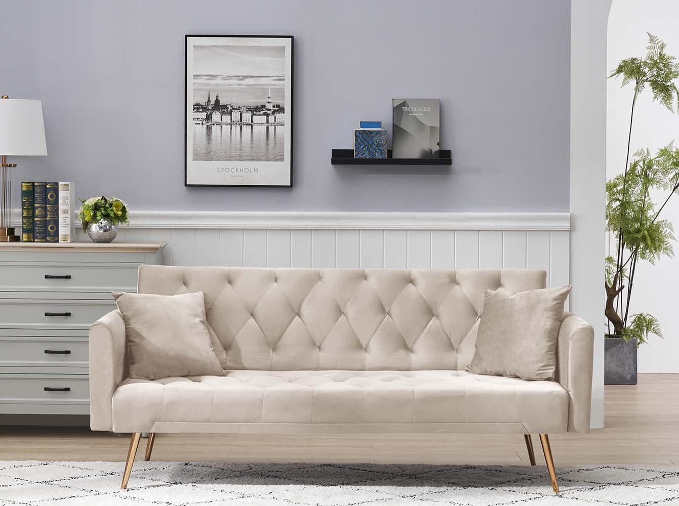 Majnesvon 71" Convertible Folding Sleeper Sofa Couch,Modern Velvet Loveseat Sleeper with 2 Pillows, Futon Sofa Bed with Mattress and Frame for Living Room,Bedroom,Small Space (Beige)