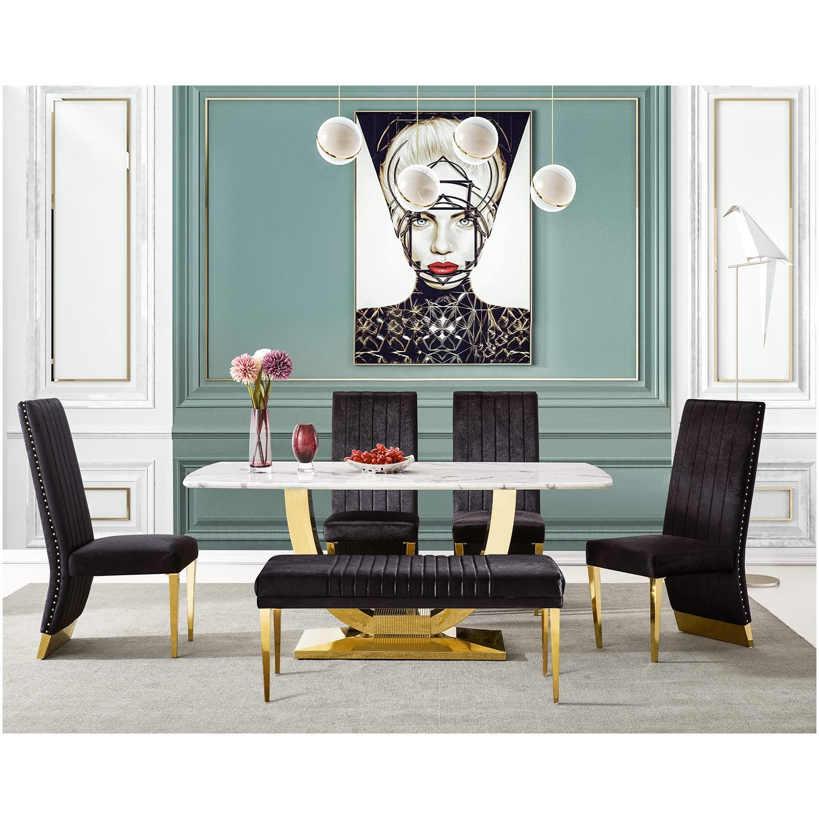 AUZ AUZ 44\" Bench, Black Velvet Upholstered Dining Room Bench, Vertical Channel Ottoman with Gold Stainless Steel Legs