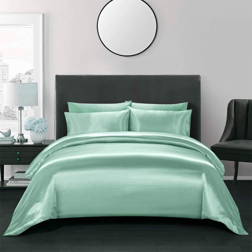Phoenix Citadel Phoenix Citadel Aqua Blue Satin Duvet Cover Set Twin XL 4 Piece (Duvet Cover + Fitted 19\'\' + 2 Pillowcases) Zipper Closure Bedding Duvet Cover Set Rich Silk Satin Stain Resistant