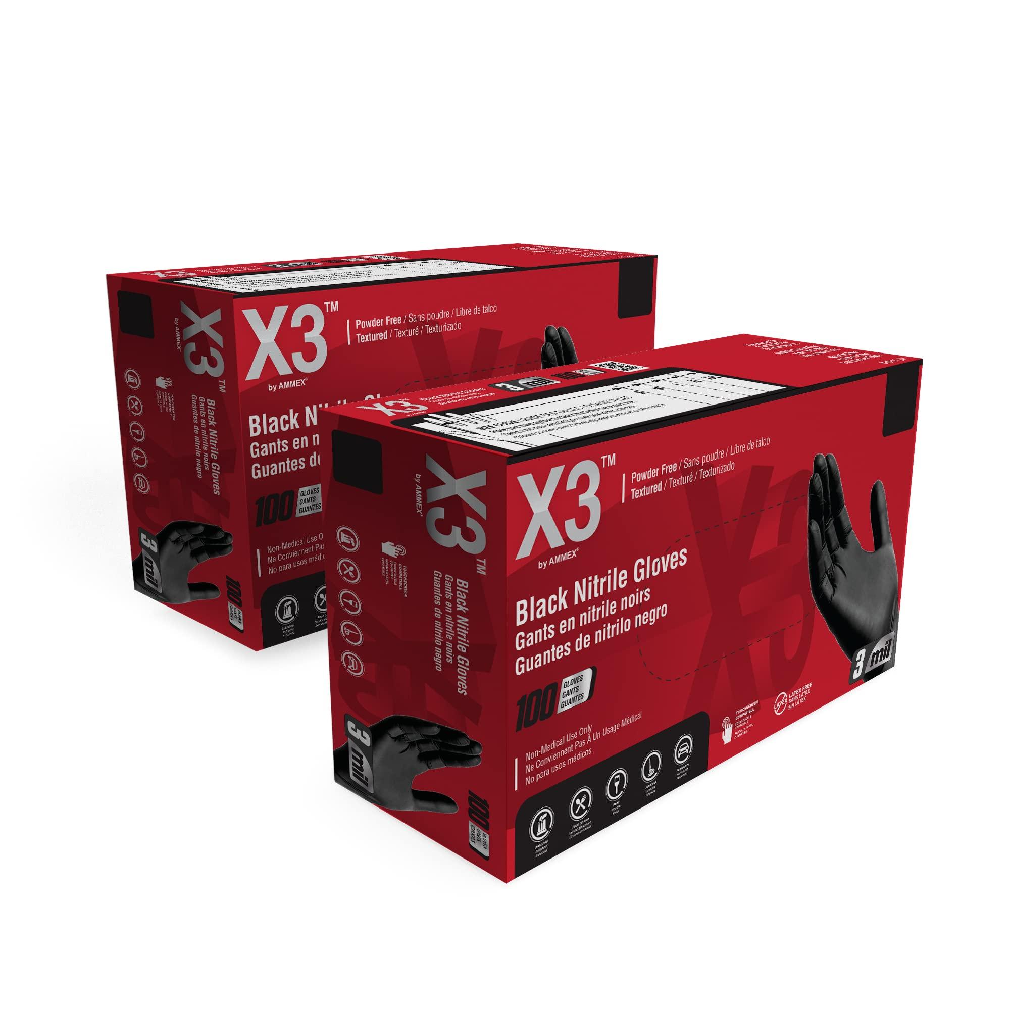 X3 X3 Black Nitrile Disposable Industrial Gloves 3 Mil, Latex/Powder-Free, Food-Safe, Non-Sterile, Textured, Medium, 2 Boxes of 100
