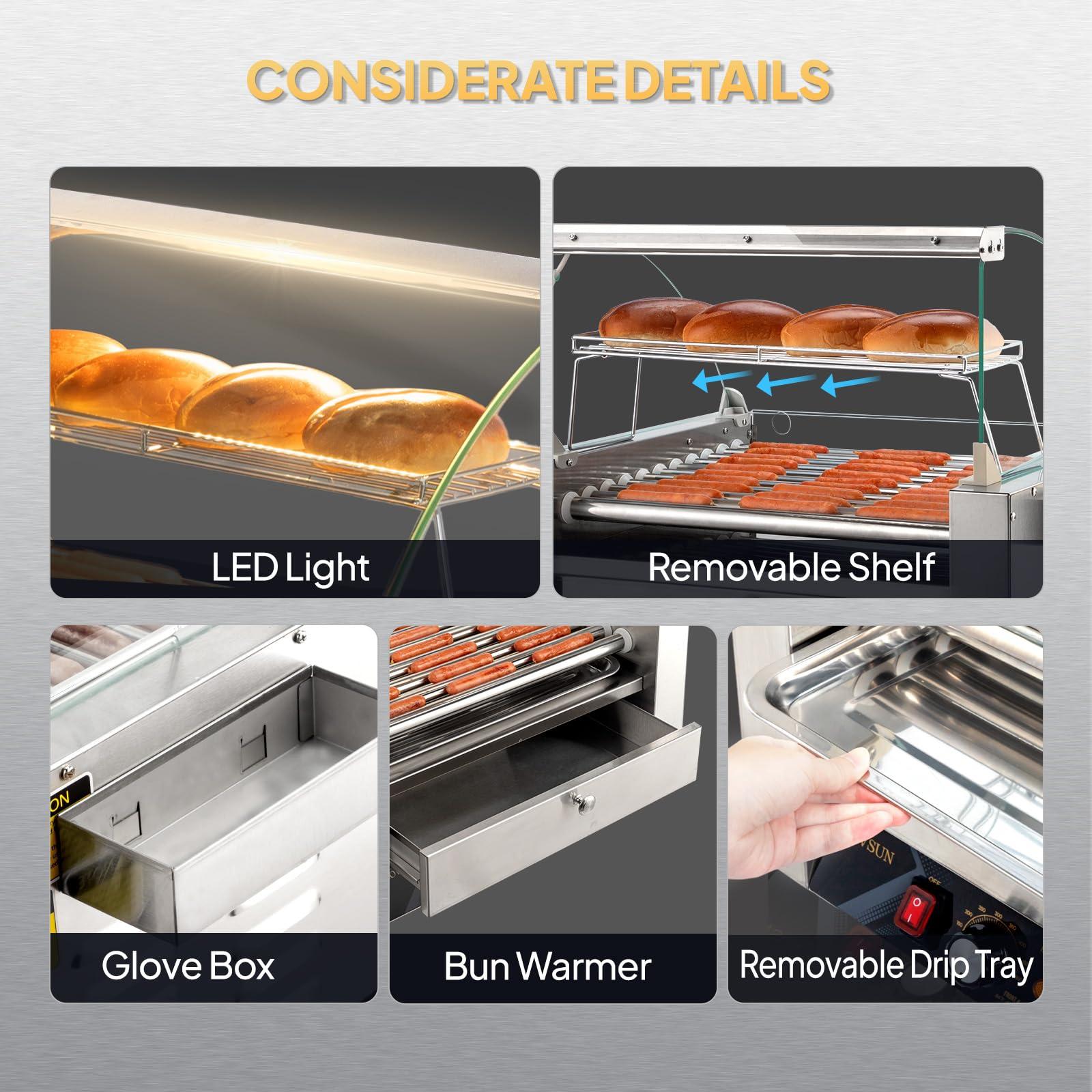 ROVSUN ROVSUN 30 Hot Dog 11 Roller, Hot Dog Roller Warmer Grill Cooker Machine w/Bun Warmer, Cover, Dual Temp Control, LED Light, Removable Shelf & Drip Tray for Party Home Commercial 2000W ETL Certified