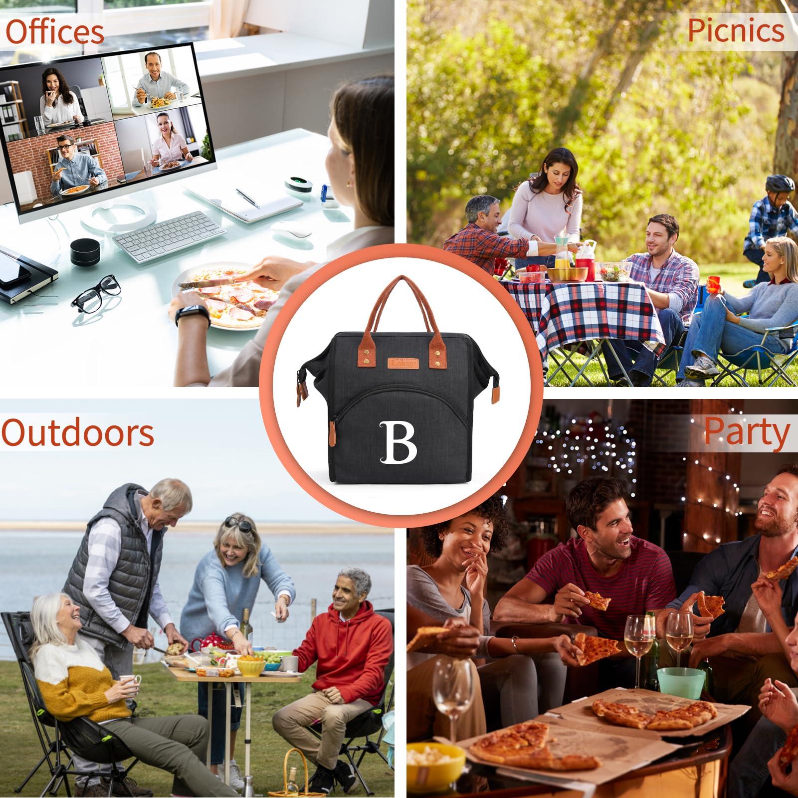 RIFESI Personalized Lunch Box for Women, Initial Reusable Insulated Lunch Bag, Wide-Open Adult Lunchbox Cooler Lunchbag Snack Organizer, Initial Leakproof Lunch Tote Bag for Picnic Work Outdoors Black - J