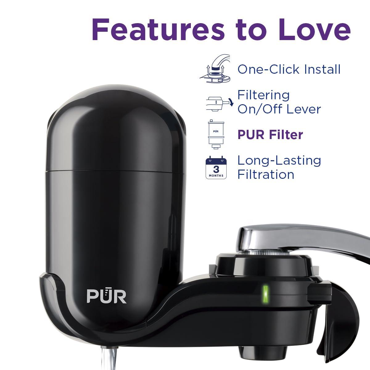 PUR PUR Vertical Faucet Mount Water Filtration System with Lead Reducing Filter for Cleaner, Filtered Tap Water, Lasts 100 Gallons, Sink Water Filter, Fits Most Kitchen or Bathroom Faucets, Black