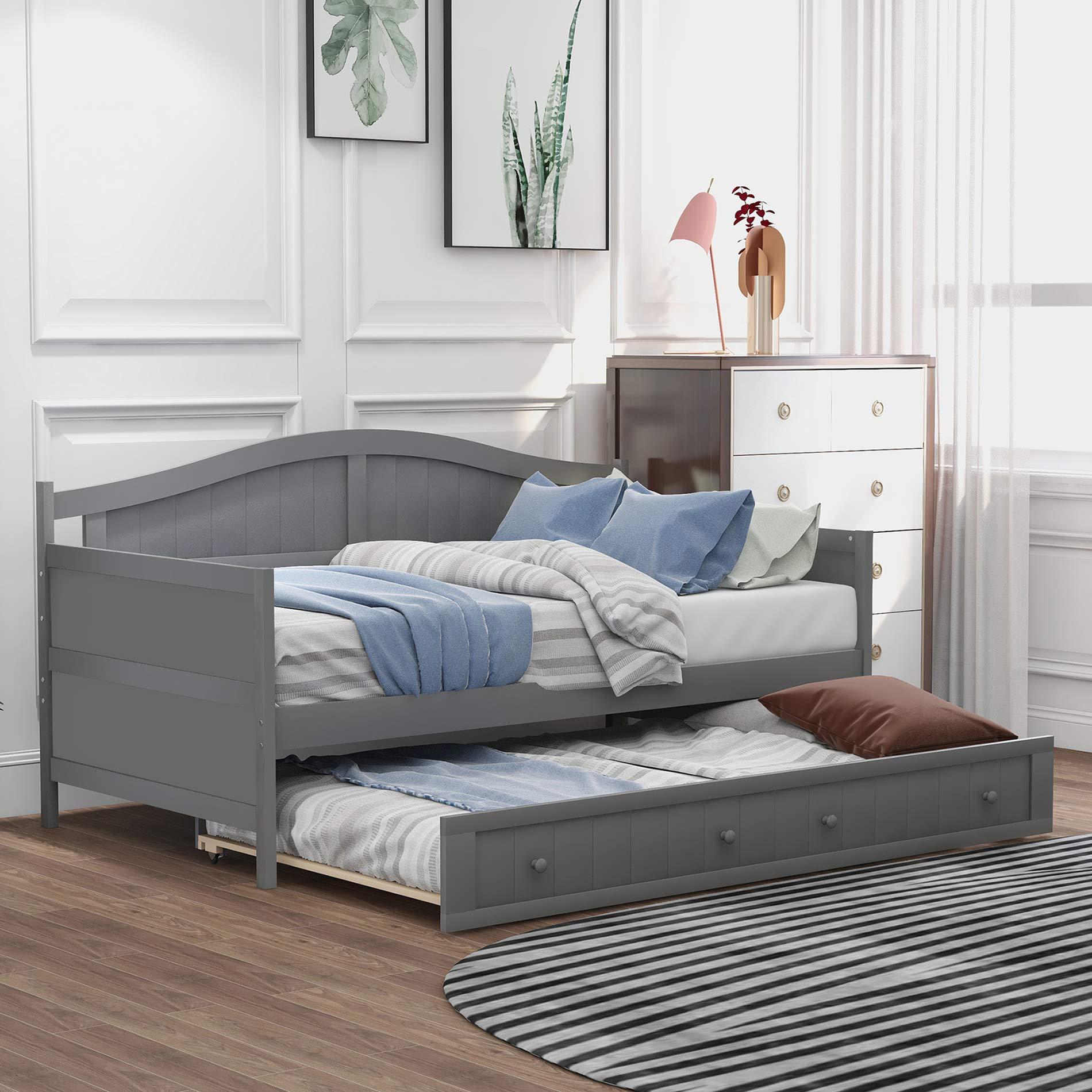 Merax Merax Twin Daybed with Trundle Bed, Wood Daybed Frame with Wood Slat Support, Sofa Bed for Bedroom Living Room, No Box Spring Needed, Gray