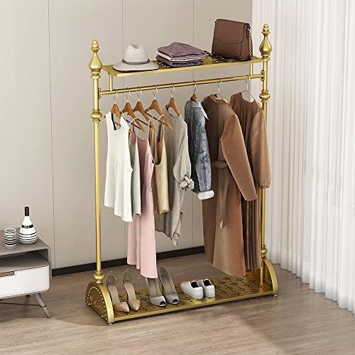 MAIKAILUN Clothing Rack Gold, Industrial Clothes Rack for hanging Clothes with Double Shelves Freestanding Multi-functional Heavy Duty Garment Rack, Metal Movable Portable Coat Rack for Organizing Clothes Shoes