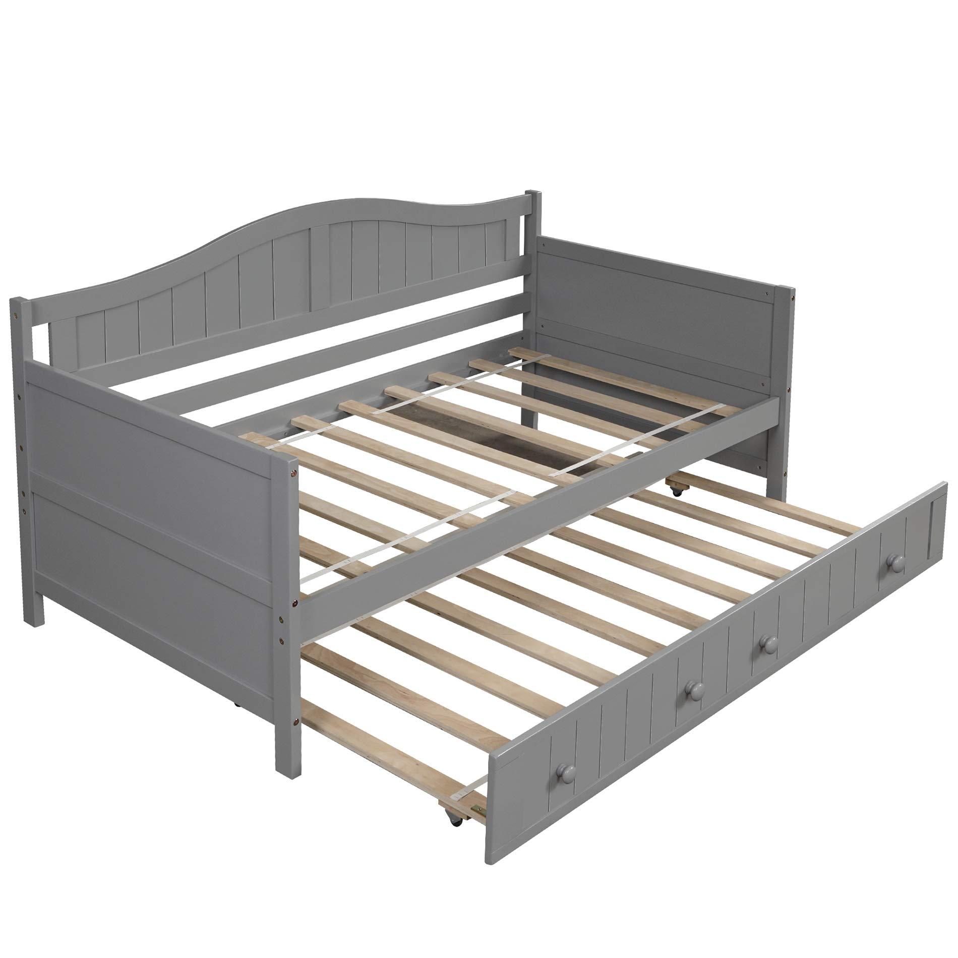 Merax Merax Twin Daybed with Trundle Bed, Wood Daybed Frame with Wood Slat Support, Sofa Bed for Bedroom Living Room, No Box Spring Needed, Gray