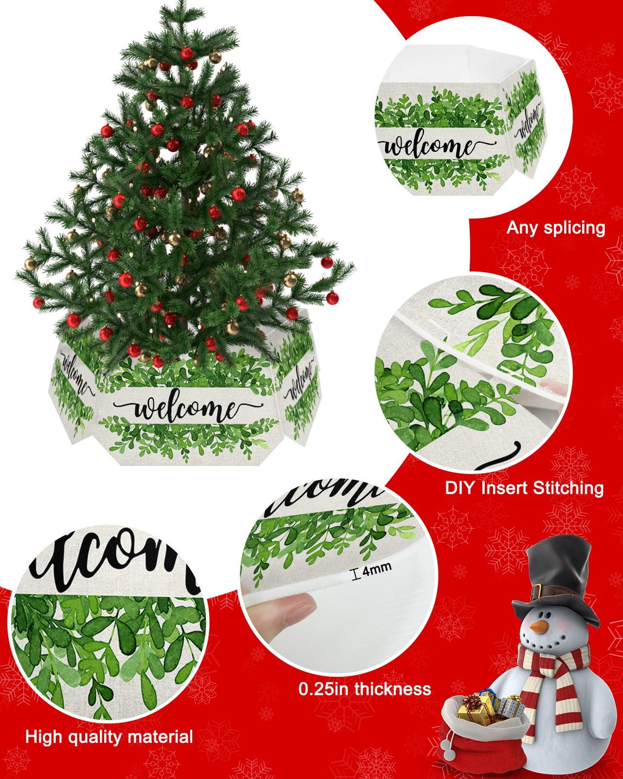 AMZRicher Christmas Tree Collar, Summer Botanical Tree Skirts Xmas Tree Trunk Ring Collar Box Stand Cover for Artificial Trees Base Holder Cover Festival Decor Welcome Green Leaf Rustic Burlap