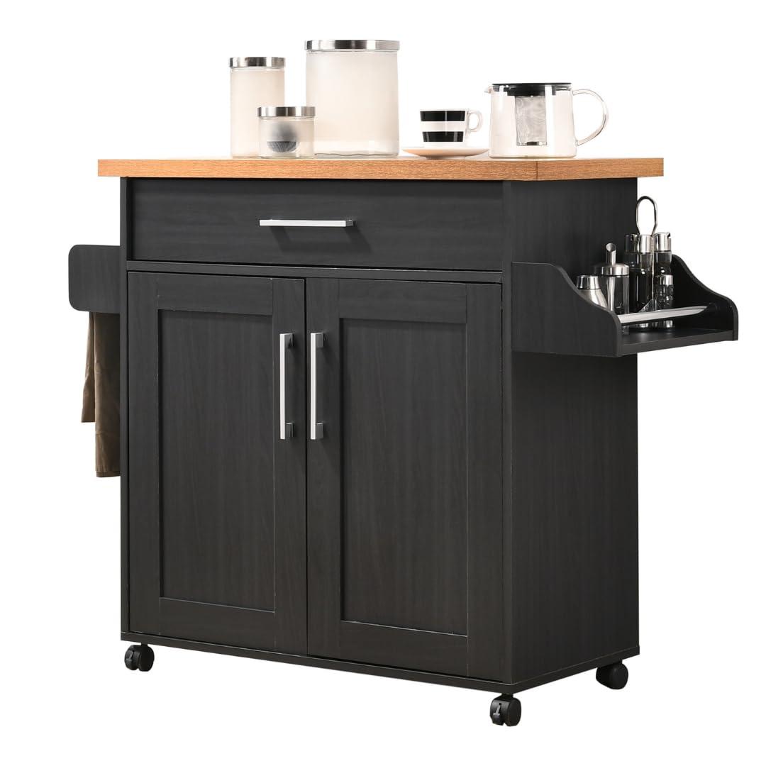 Hodedah Hodedah Kitchen Island with Spice Rack, Towel Rack & Drawer, Black with Beech Top