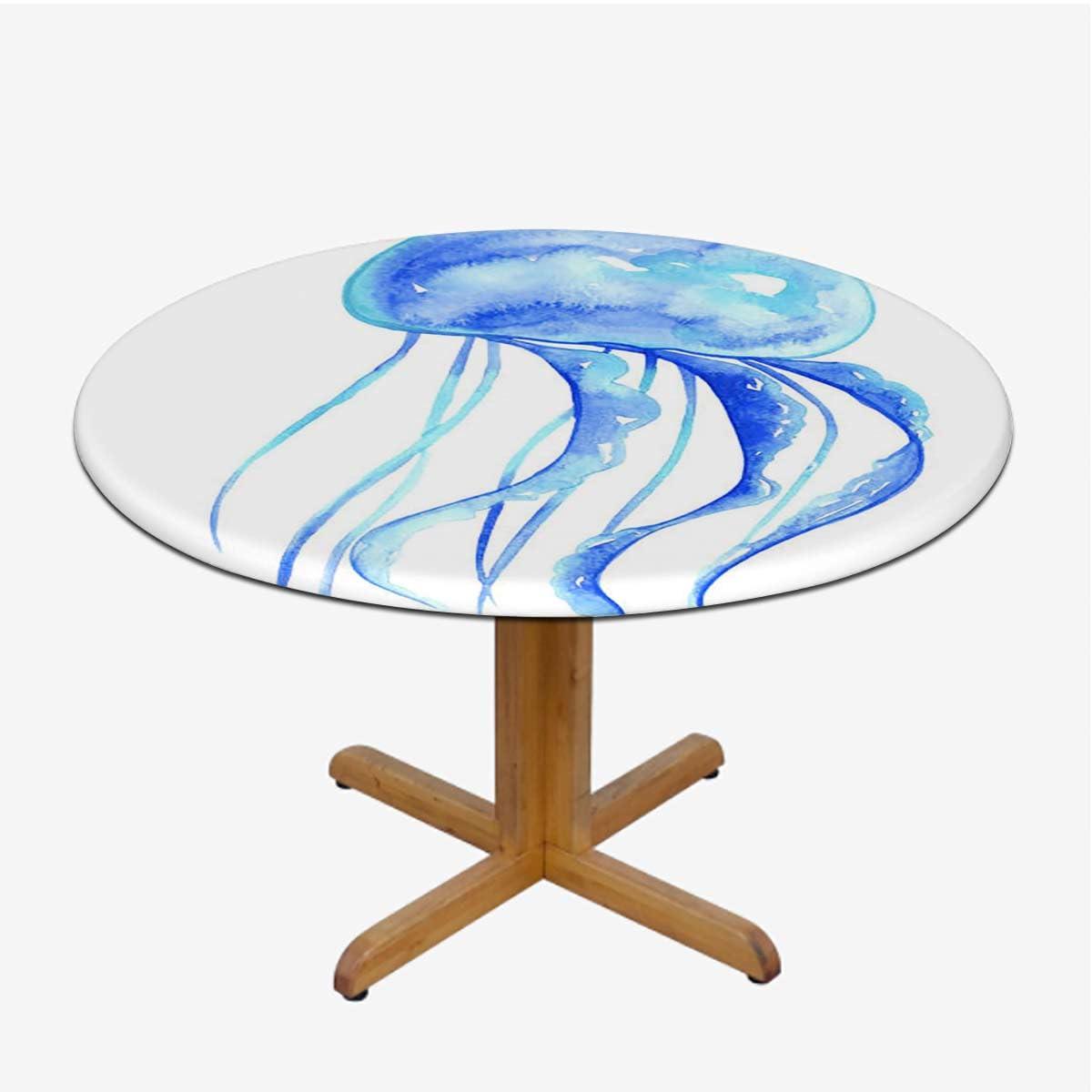 OOzie Blue Tablecloth Toppers for Round Tables Jellyfish Exotic Sea Ocean Animals Watercolor Soft-Touch Fitted Table Cloth, Waterproof Oil-Proof Table Cover Nautical Fits up 40\"-44\" Diameter Tables