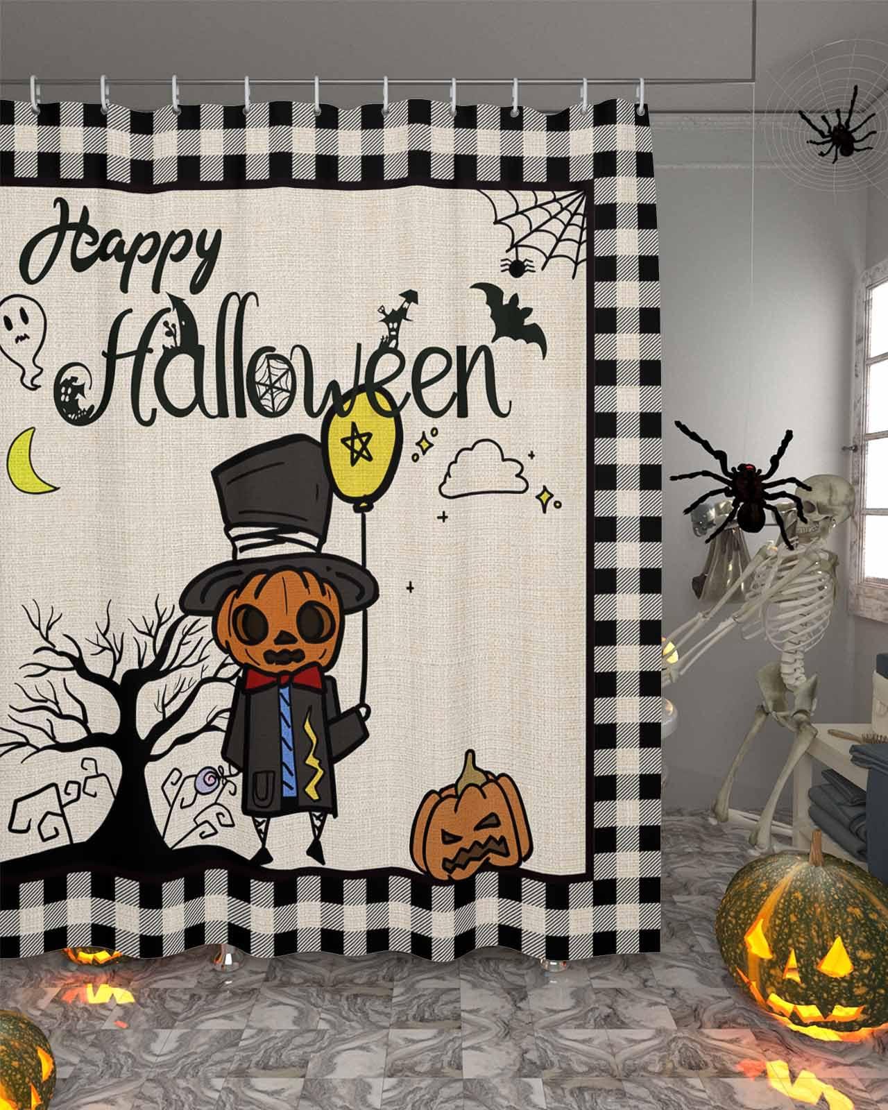Prime Leader Halloween Shower Curtain for Bathroom Happy Halloween Pumpkin Skull Farmhouse Buffalo Plaid Waterproof Shower Curtain Set with 12 Hooks Washable Shower Curtains for Bathtubs Hotel 36\" x 78\"