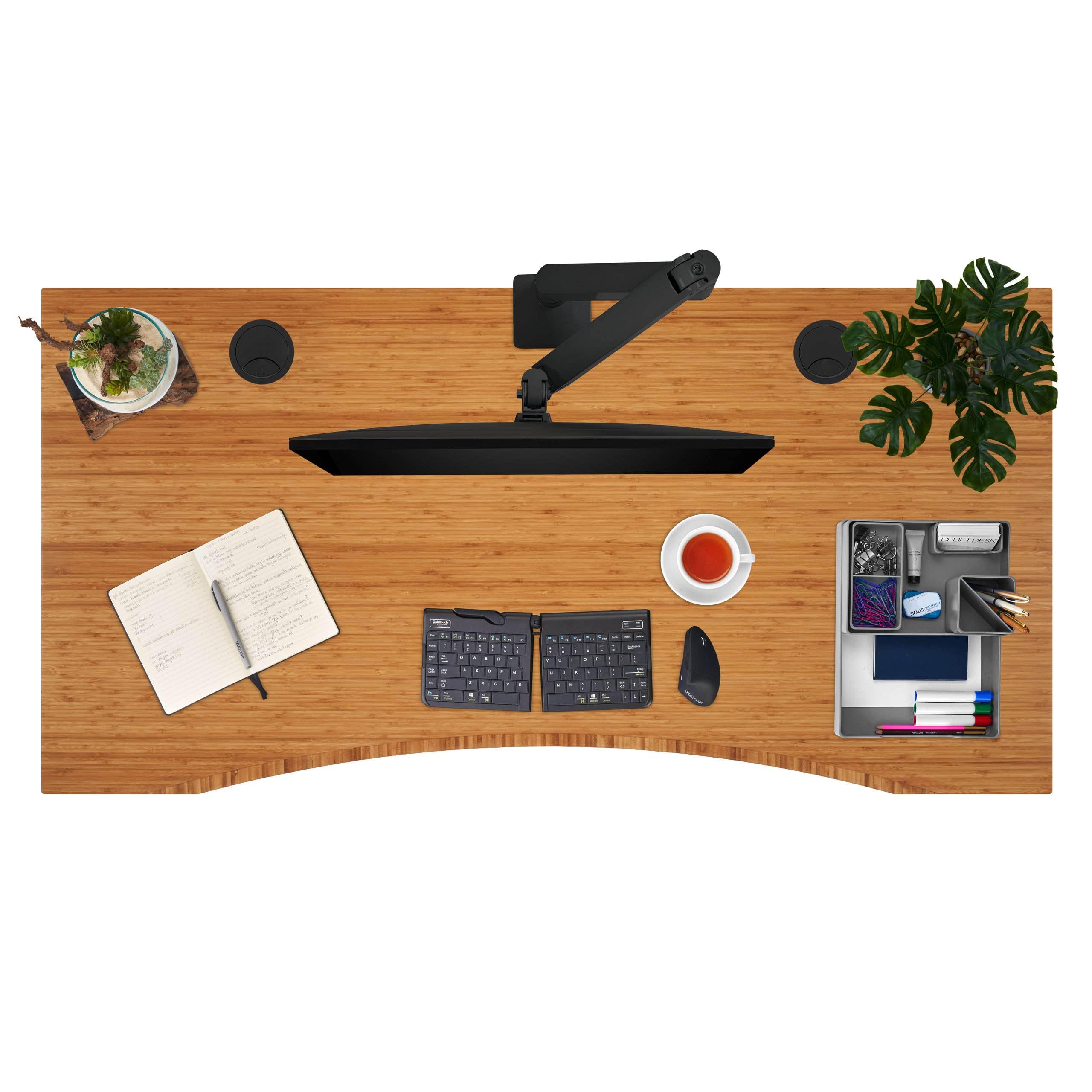 UPLIFTDESK Uplift Bamboo Curve (60 x 30 inch) Electric Standing Desk V2-Commercial (White) 4-Leg Adjustable Stand Up Desk, Advanced Keypad, Wire Grommets, Wire Management Tray, Bamboo Rocker-X Board