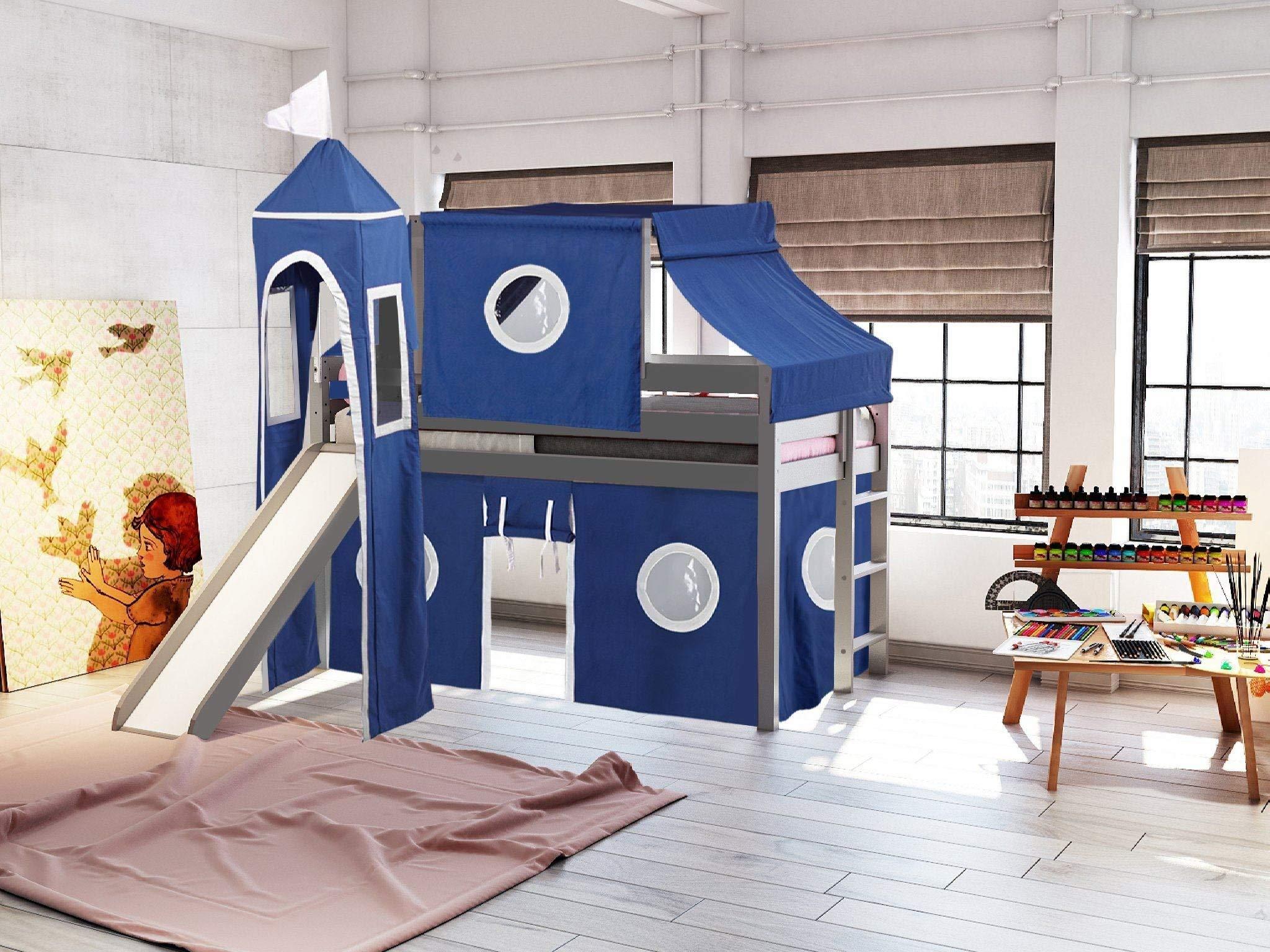 JACKPOT! JACKPOT! Castle Low Loft Bed with Slide, Blue and White Tent and Tower, Twin, Gray