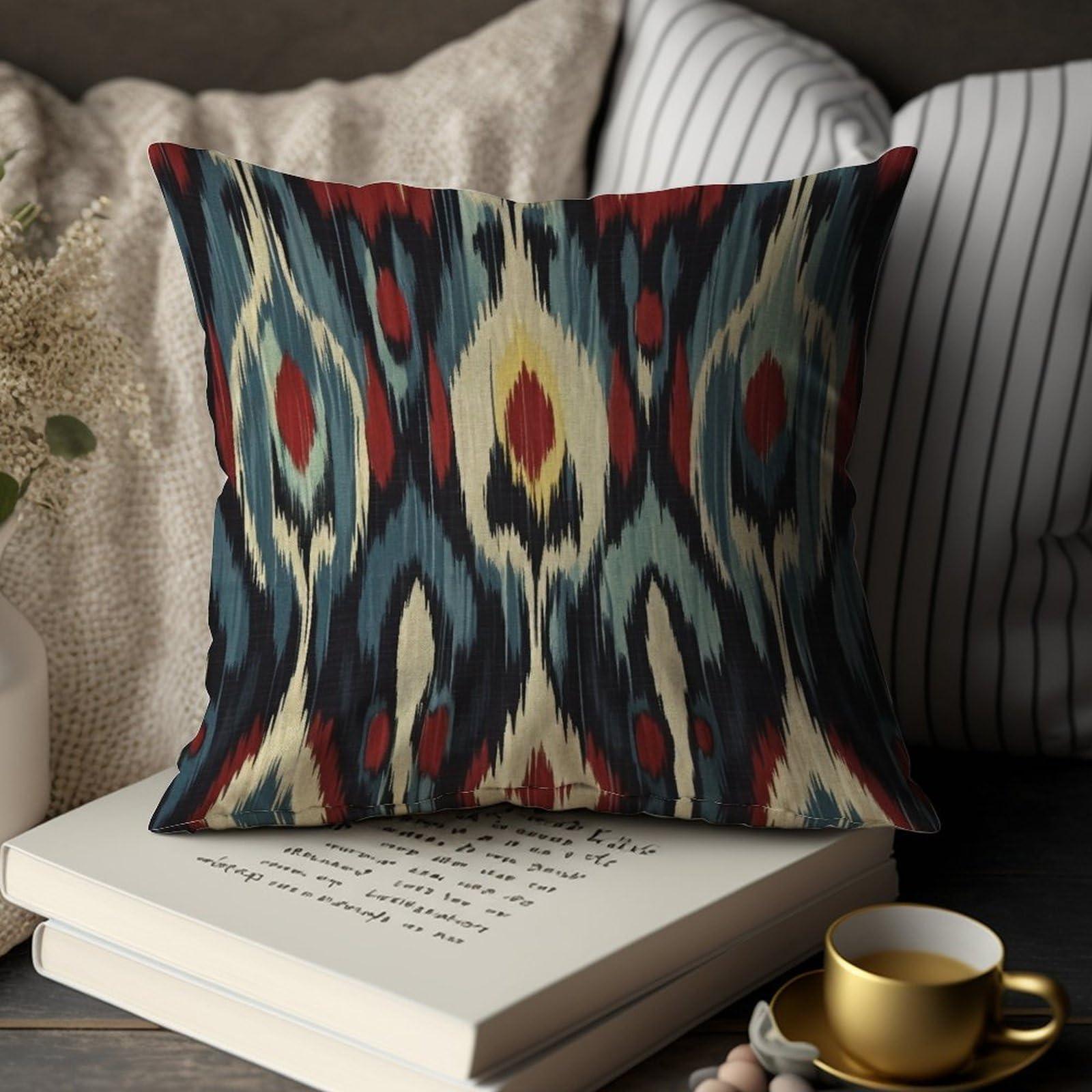 Zyadsinoudor Zyadsinoudor Asian Style Throw Pillow Case Blue Red Cream Ikat Cushion Cover Traditional Chinese 22x22in Decorative Pillow Home Cotton Linen Artistic Pillow Cover for Living Room Bedroom Chair Couch