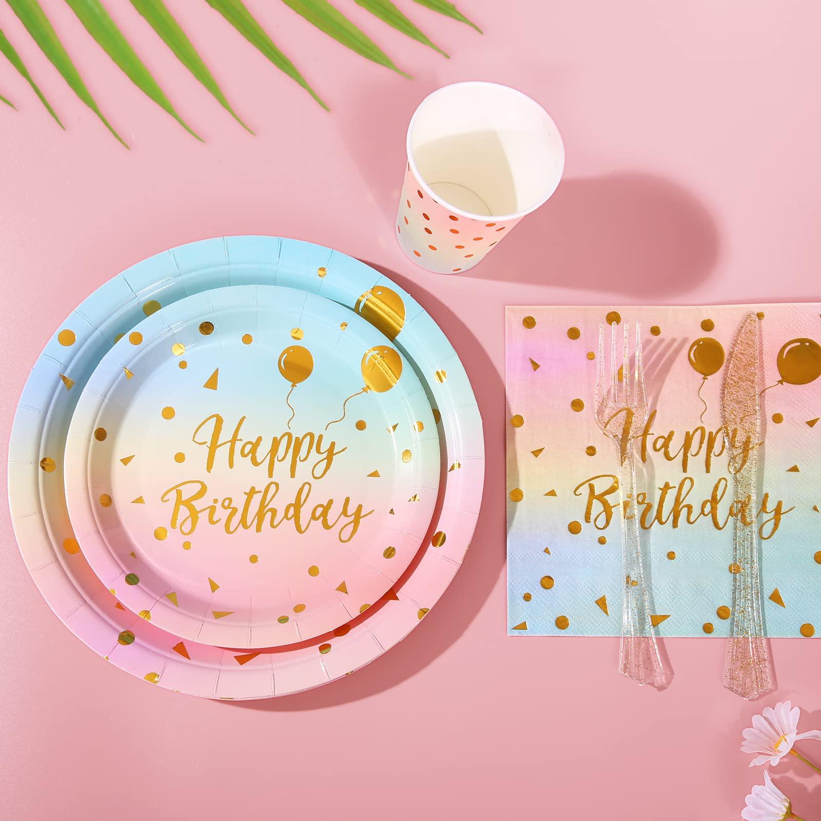 Boocikey Boocikey 200 Pcs Pastel Party Supplies Birthday Party Plates and Napkins Sets,Disposable Pastel Birthday Plates - Rainbow Paper Plates Napkins Cups for Birthday Baby Shower Party Decorations