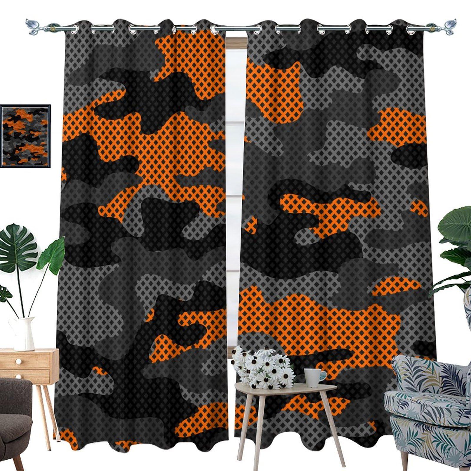 JretailAx Abstract Orange Black Grey Camo Curtains - Modern Hunting Theme Military Room Decor Army Camouflage Window Treatment,Energy Saving Thermal Insulated Grommet Top Blackout Curtains 84L x 42W,2 Panels
