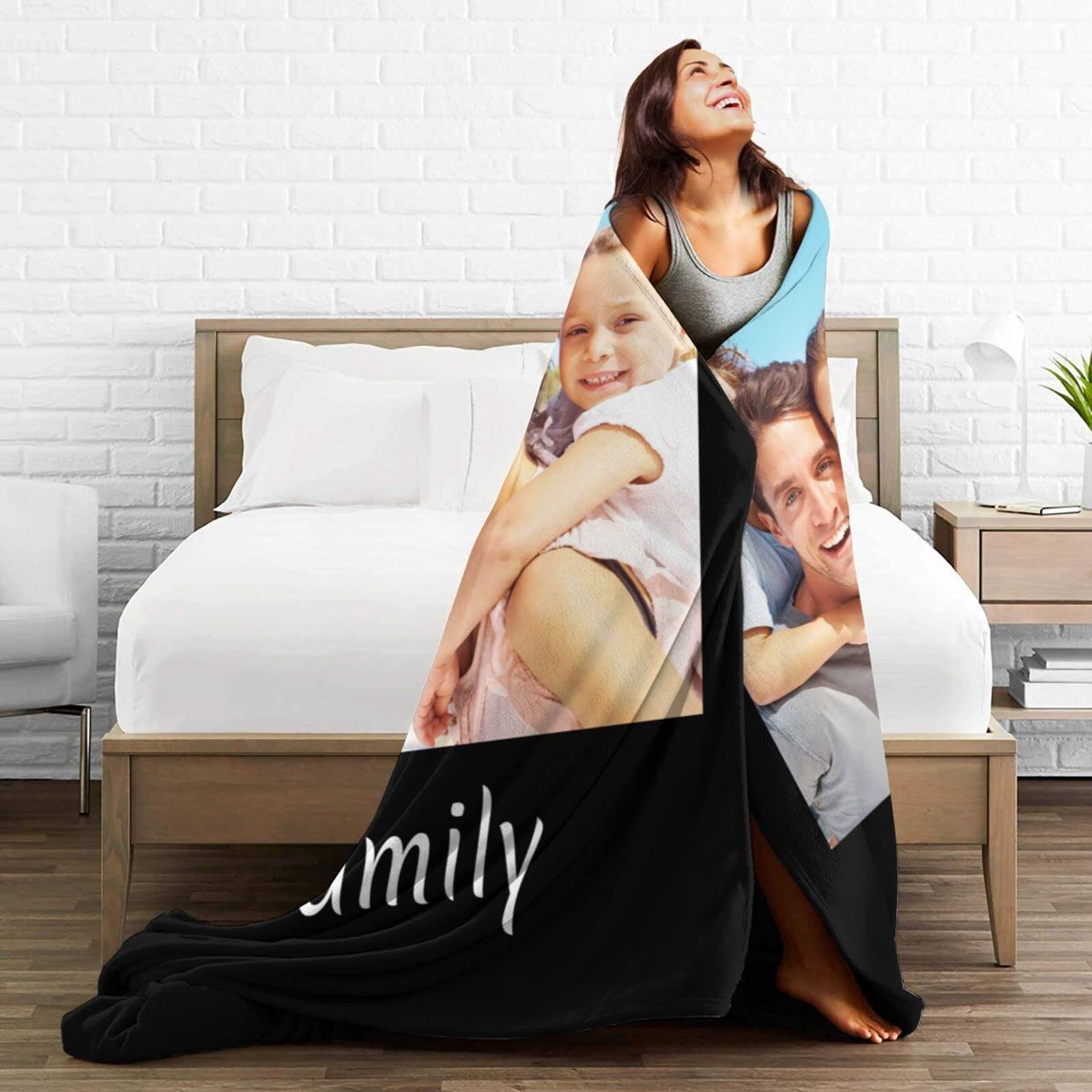 HooSo Custom Blanket with Photo Text Personalized Bedding Throw Blankets Customized Flannel Fleece Blankets for Family Birthday Wedding Gift Fits Couch Sofa Bedroom Living Room, 1 Photo, 55\" x 55\"
