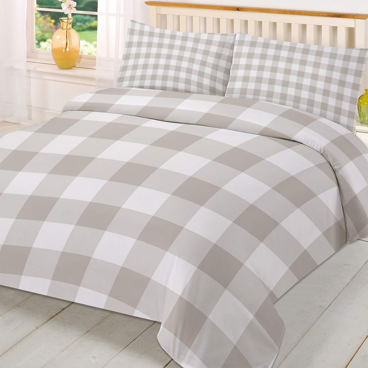 Chic D Bedding Duvet Covers Set 3 Piece Set, Beige Brown Plaid Queen Duvet Cover and 2 Pillow Cases Set, Farmhouse Buffalo Check, All Season Microfiber Reversible Bedding