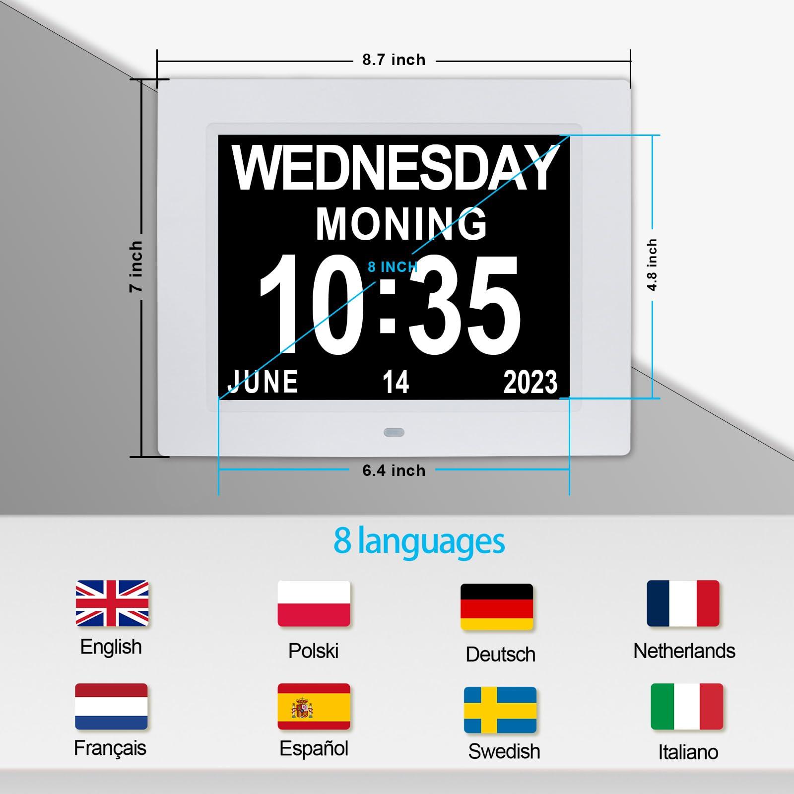ybest ybest 8 Inch Extra Large Calendar Day Date Time Clock with Non-Abbreviated Day Month Dementia Clocks Perfect for Senior Elderly Impaired Vision Memory Loss