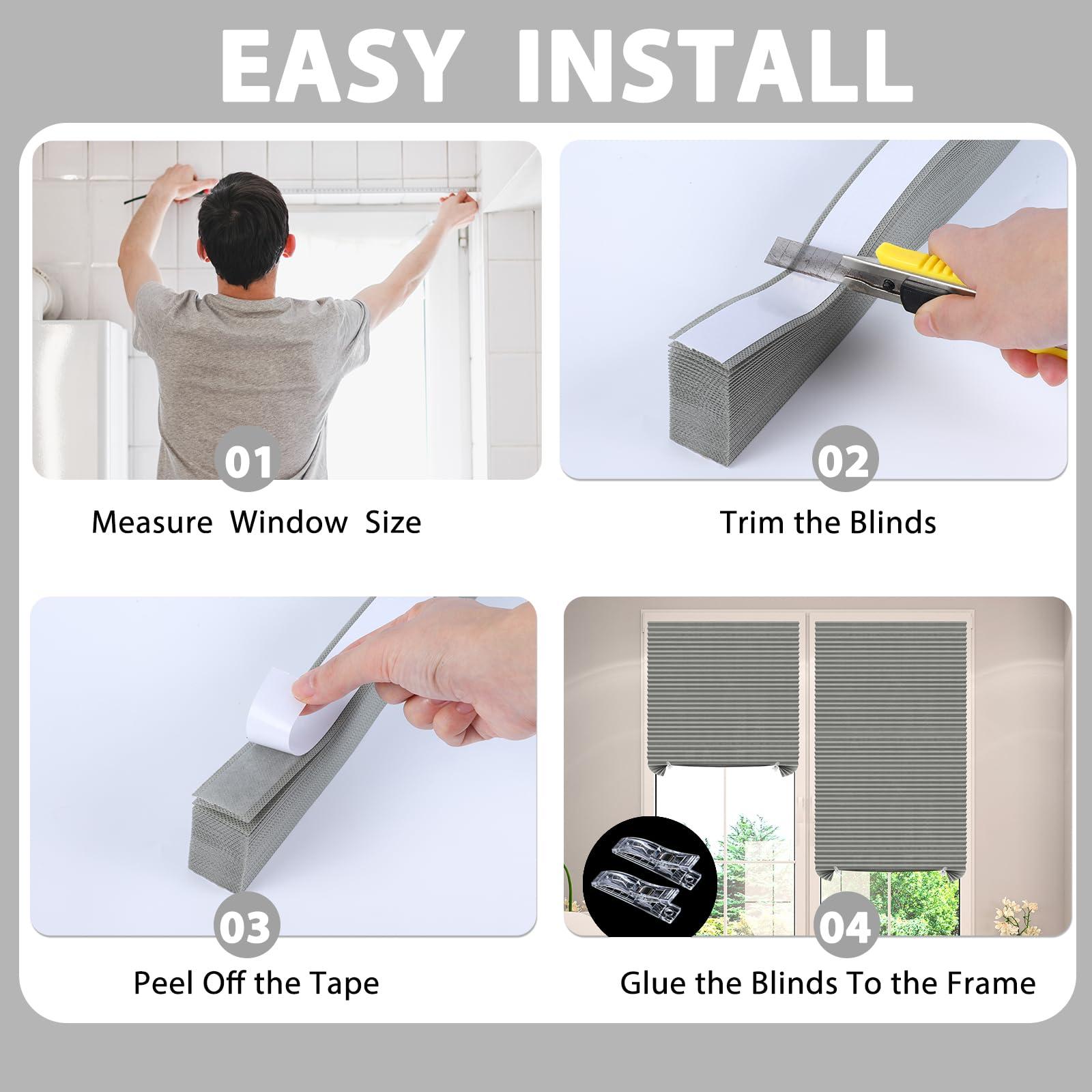 Jlong Paper Blackout Shades for Indoor Windows Temporary Cordless Paper Pleated Adhesive Blinds No Drill Privacy Fabric Window Coverings Stick on Blinds No Tools Curtains (1, Grey, WxH/47x83Inches)