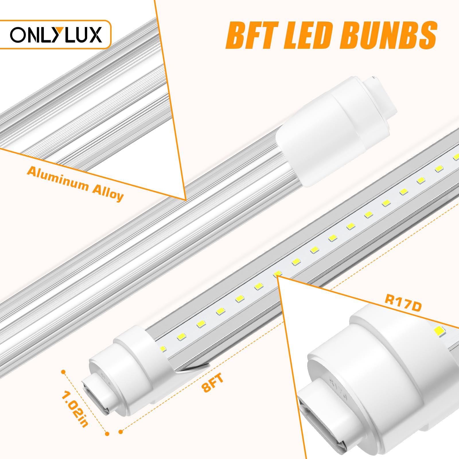 ONLYLUX ONLYLUX 8ft R17D LED Tube Light, F96t12 HO 8 Foot Led Bulbs, 96'' 8ft led Shop Light to Replace T8 T12 Fluorescent Light Bulbs, 100-277V Input, 4800LM, Cold White 6000K, Clear Lens (10 Pack)