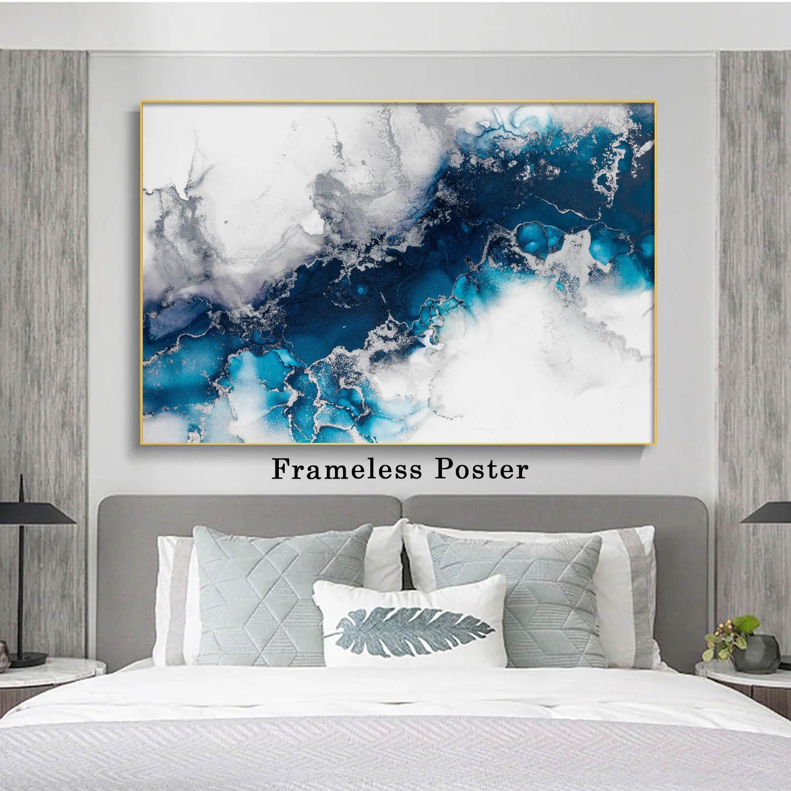 Dthllay Teal Blue Abstract Wall Art Blue Marble Canvas Art Blue Silver Abstract Picture Teal and Silver Wall Painting Abstract Teal Art Marble Navy Blue Grey and White Wall Art Bathroom 16x24inch No Frame