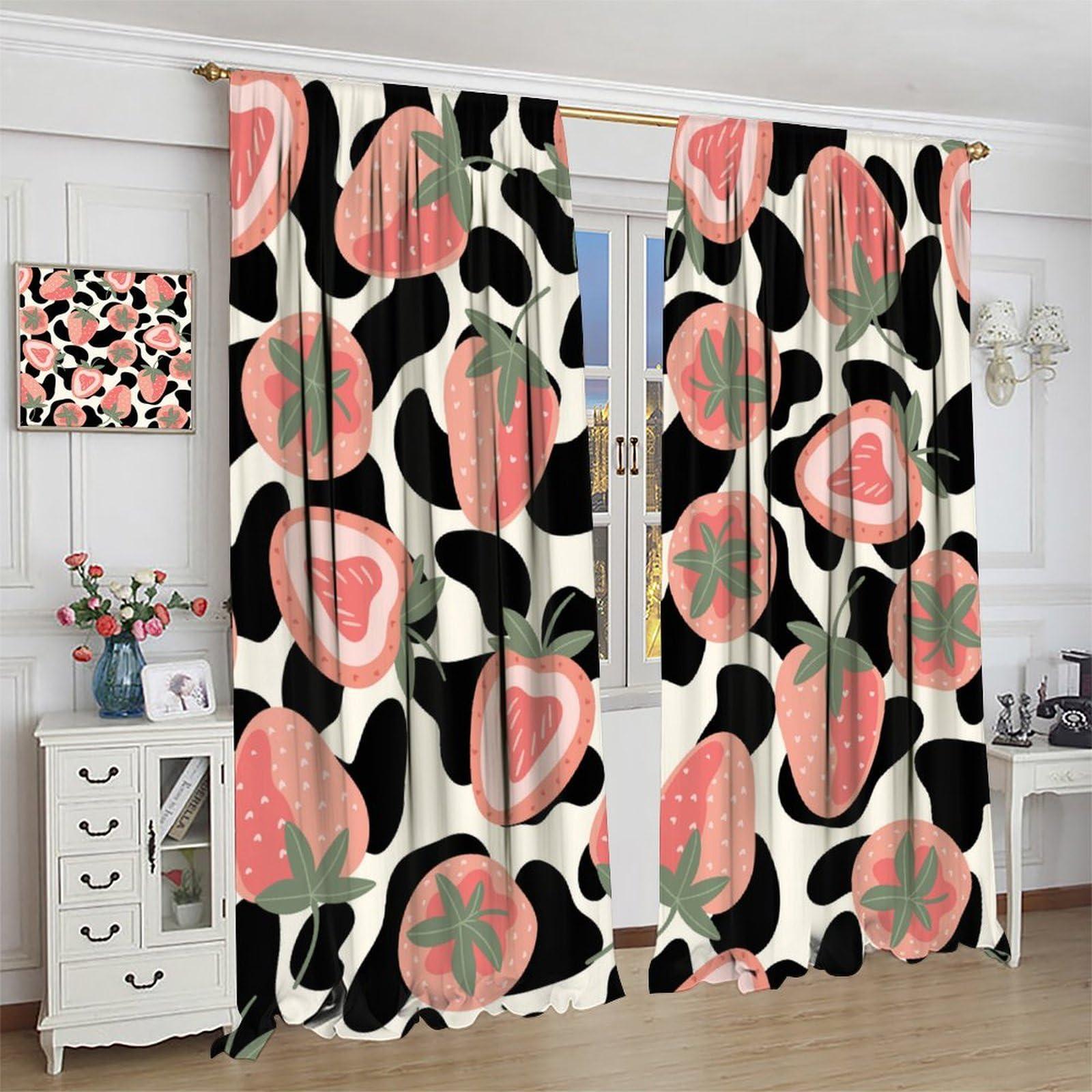 BenYaSong Milk Cow Print Blackout Curtains,Cartoon Pink Strawberry,Bull Cattle Farm Animals Black White Cowhide,Fruits Themed Window Treatments for Home Kitchen Restaurant Decoration Window Curtain 2Panel 52"W