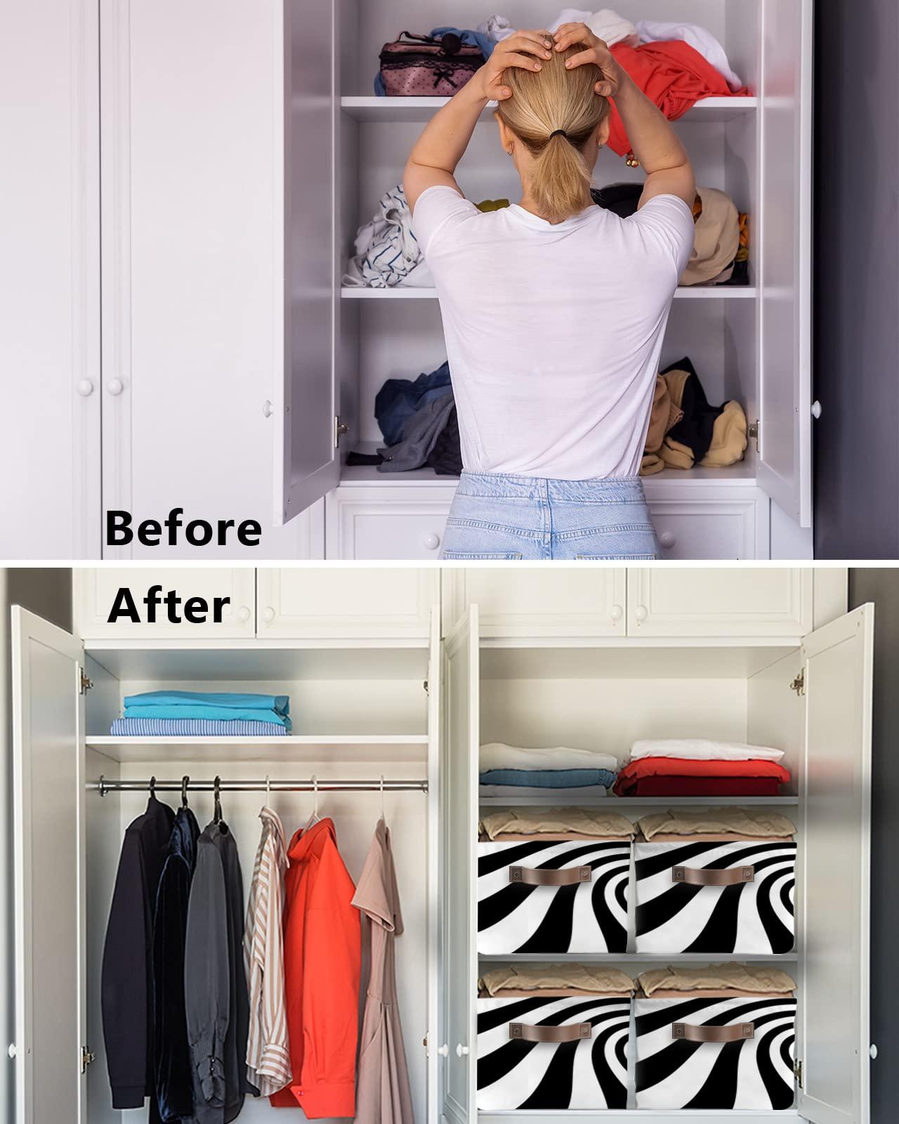 Shine-Home Visual Vortex Optical Cube Storage Organizer Bins with Handles,15x11x9.5 Inch Collapsible Canvas Cloth Fabric Storage Basket,Books Bin Boxes Black White Plaid Illusion Trippy 1 Pack