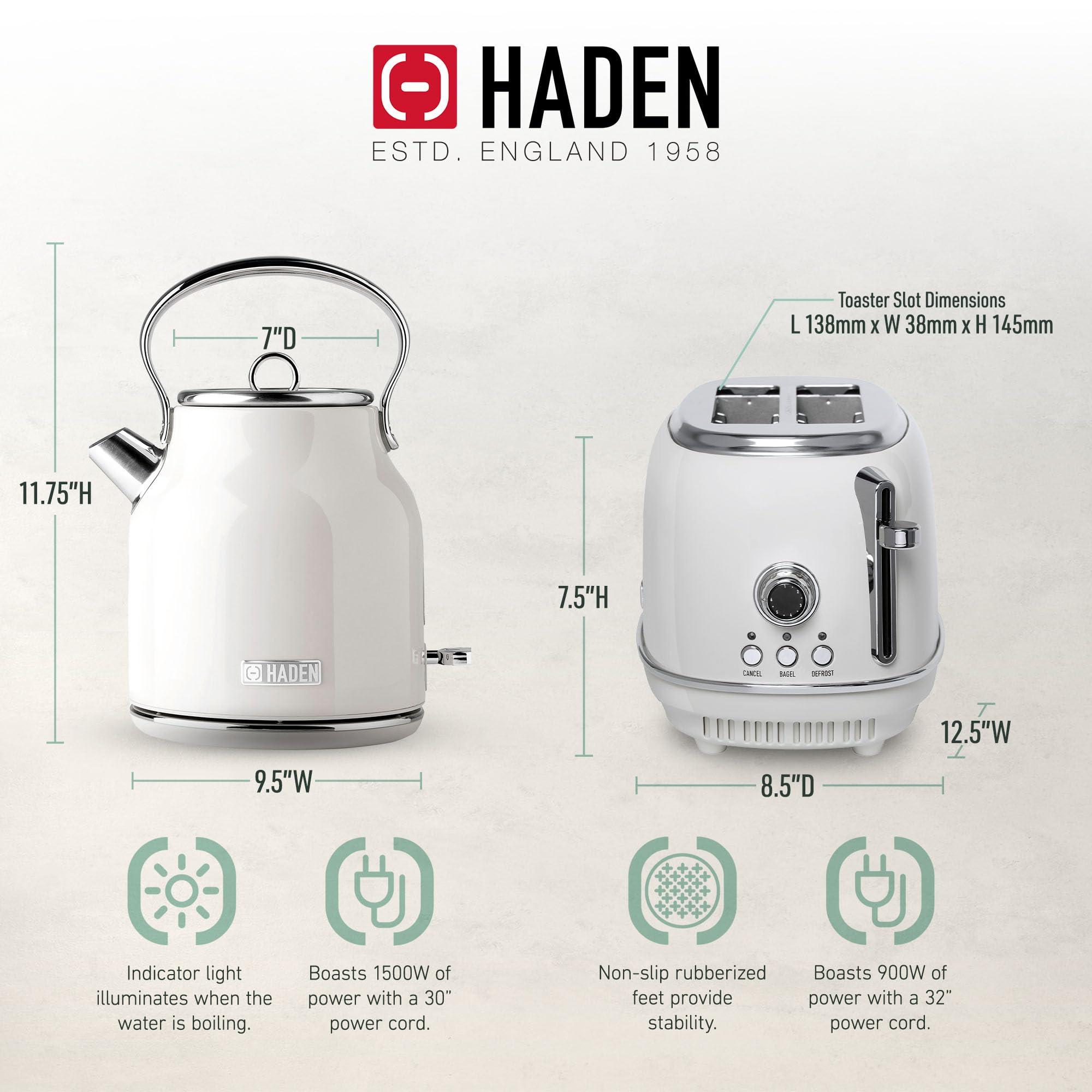 HADEN Haden Heritage 1.7 Liter Stainless Steel Body Retro Electric Tea Kettle with 2 Slice Wide Slot Stainless Steel Bread Toaster, White