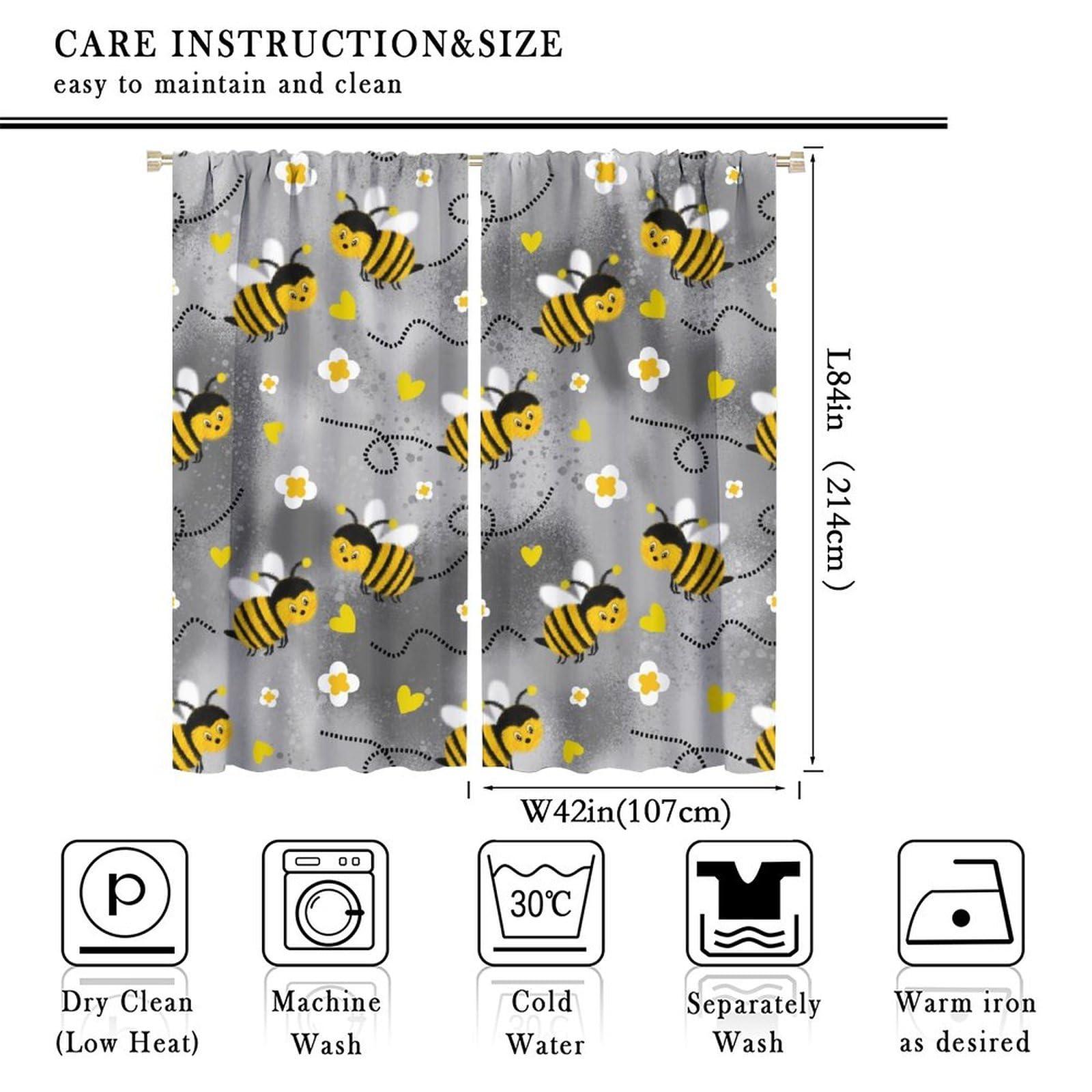HZOHNAGO HZOHNAGO Bee Curtains Cute Bees White Flowers Grey Blackground Blackout Print Rod Pocket Window Drapes for Bedroom Living Room 84x84in