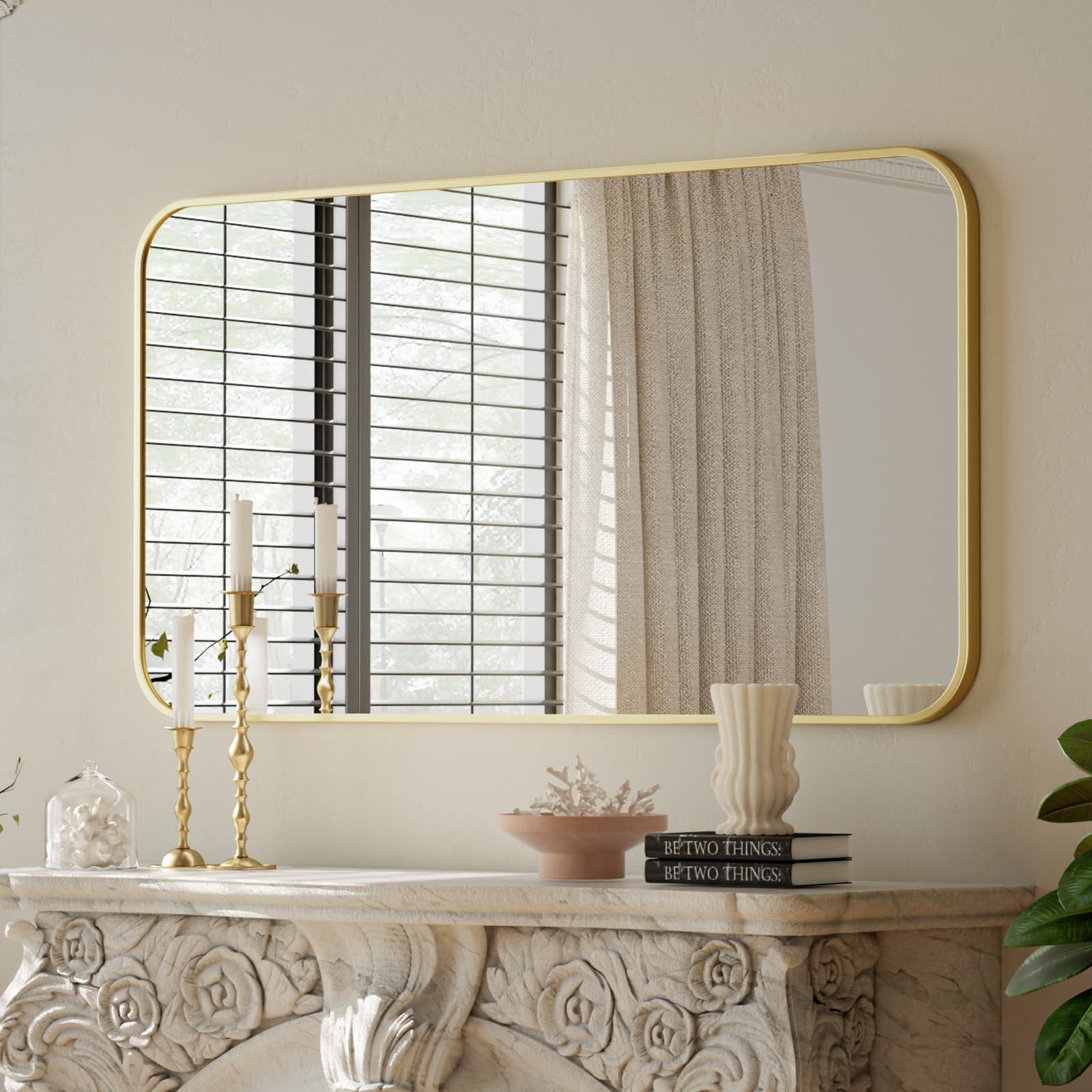 BEAUTYPEAK BEAUTYPEAK 26" x 38" Rectangular Aluminum Alloy Frame Wall Mounted Bathroom Mirror with Rounded Corners, Gold