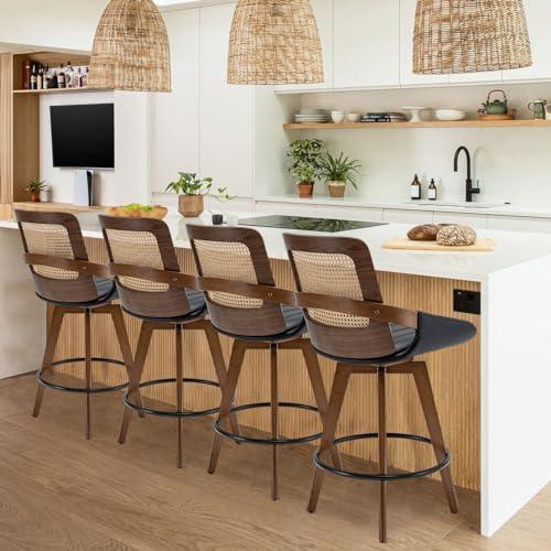 KUNZENT Set of 2 Swivel Rattan Counter Stools - 26.4 inch Mid Century Modern Bar Stools with Cane Back, Upholstered Seat, Curved Arms, Faux Leather Bar Stools for Kitchen/Island/Counter (Walnut Black)
