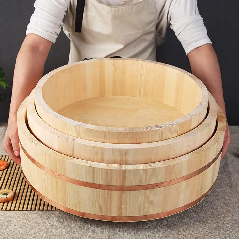 WSHA Wooden Sushi Rice Bowl Hangiri Sushi Oke Rice Mixing Tub 10.6-28.3inch Round Rice Mixing Barrel Container, for Bibimbap Sushi Home Restaurant,42x10cm