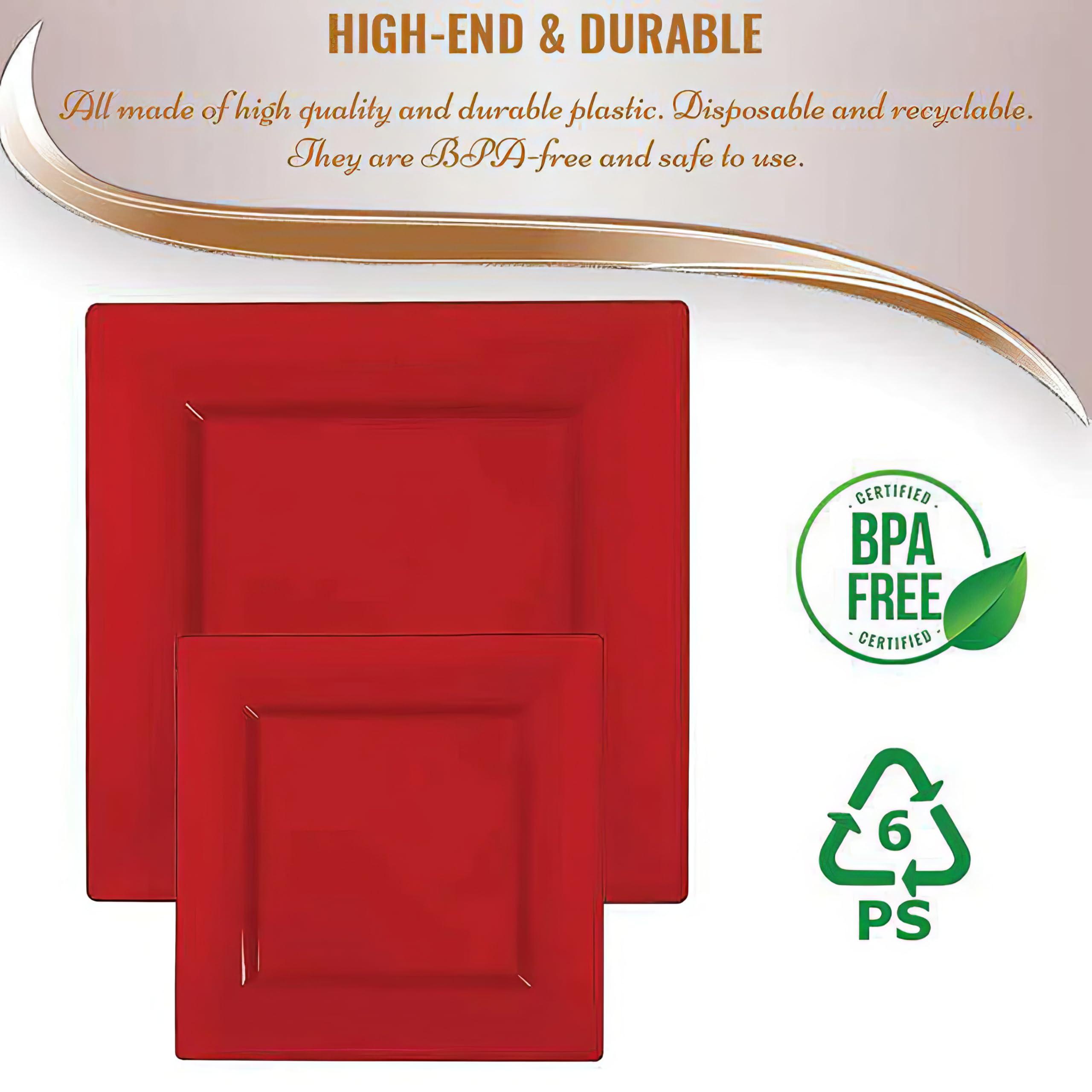 Kaya Kaya Elegant Red Square Dinner Plates - 9.5\" (Pack of 10) - Perfect for Weddings, Birthday Parties, Festivals & More