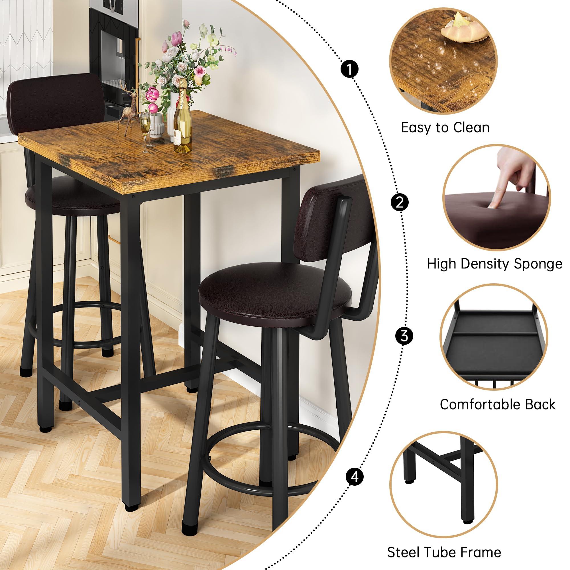 Recaceik Recaceik 3 Piece Pub Dining Set, Modern bar Table and Stools for 2 Kitchen Counter Height Wood Top Bistro Easy Assemble for Breakfast Nook Living Room Small Space Restaurant, Rustic Brown 24