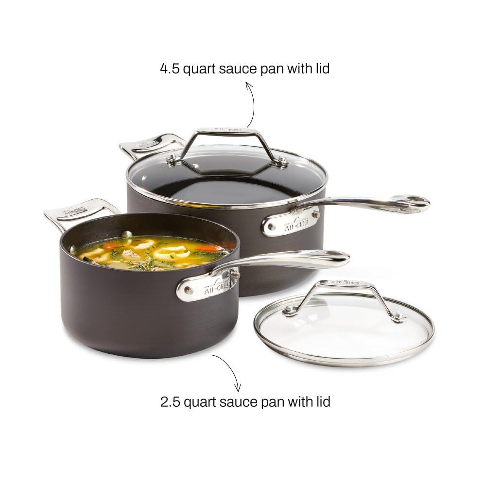 All-Clad All-Clad Essentials Hard Anodized Nonstick Sauce Pan Set 4 Piece, 2.5, 4 Quart Oven Broiler Safe 500F Pots and Pans, Cookware Black