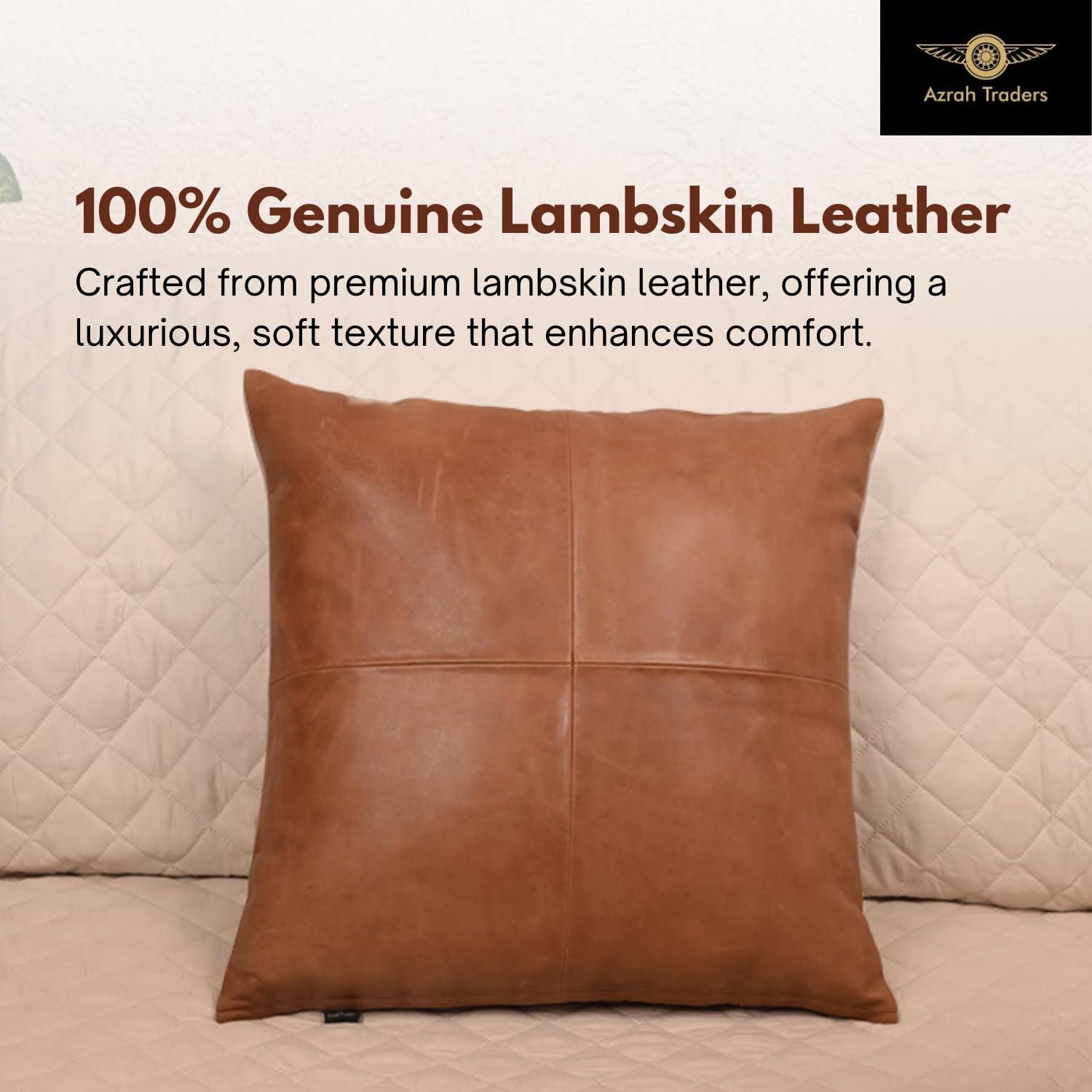Azrah Traders Azrah Traders Lambskin Leather Pillow Cover - Sofa Cushion Case - Decorative Throw Covers for Living Room & Bedroom, 16x16 Inches - Antique Brown Plain