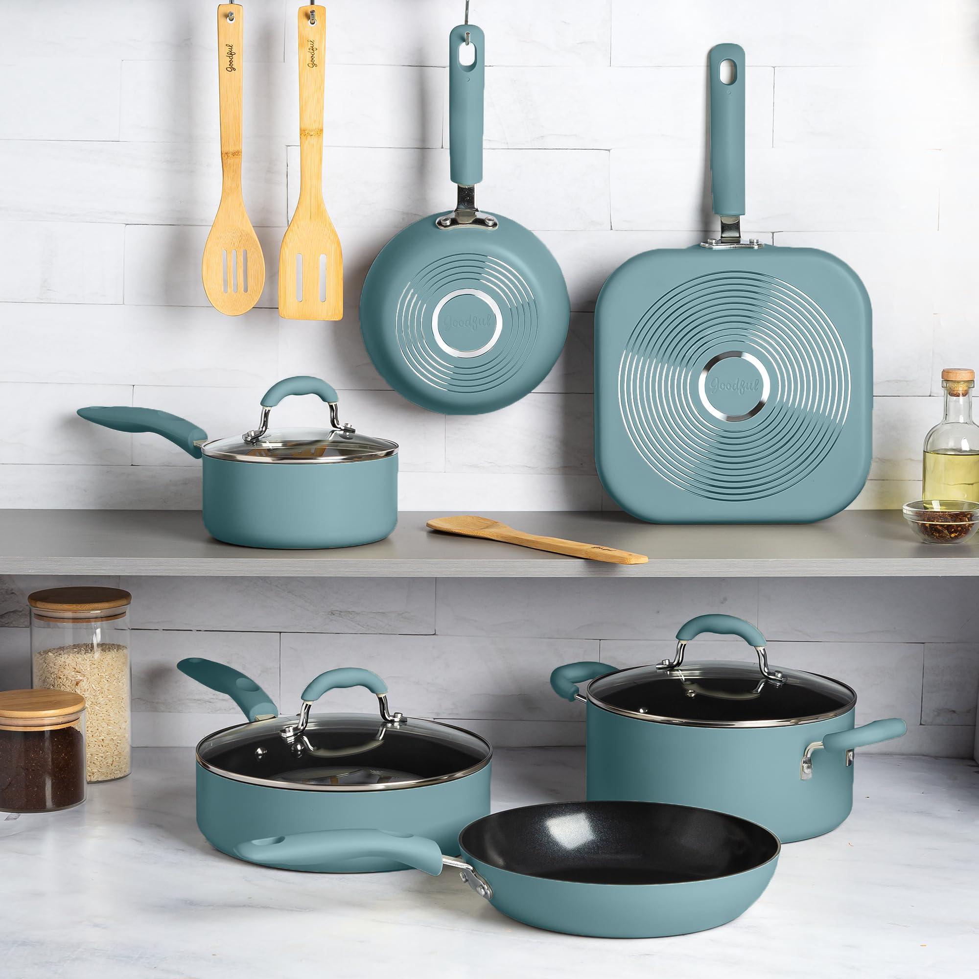Goodful Goodful Ceramic Nonstick Pots and Pans Set, Premium Ceramic Coating Made without PFOA, PTFE or PFAS, Dishwasher Safe, 12-Piece, Turquoise