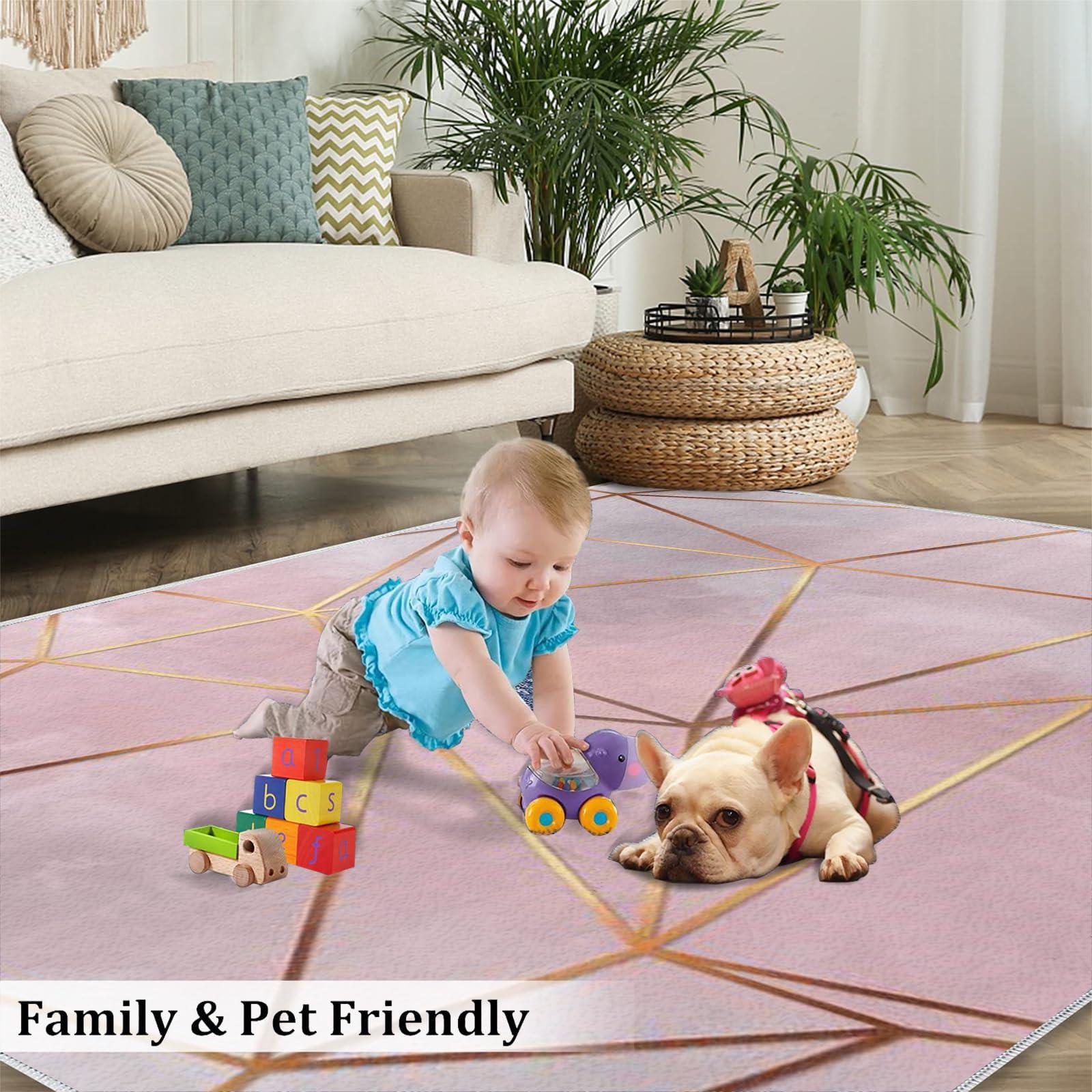 LACEABI Nordic Rose Gold Gradient Geometry Area Rug, Light Luxury Pink Indoor Non Slip Bedroom Rug, Low Pile Foldable Home Decor Carpet for Woman Bedside Living Room Kitchen Dining Room - 3 ft x 5 ft