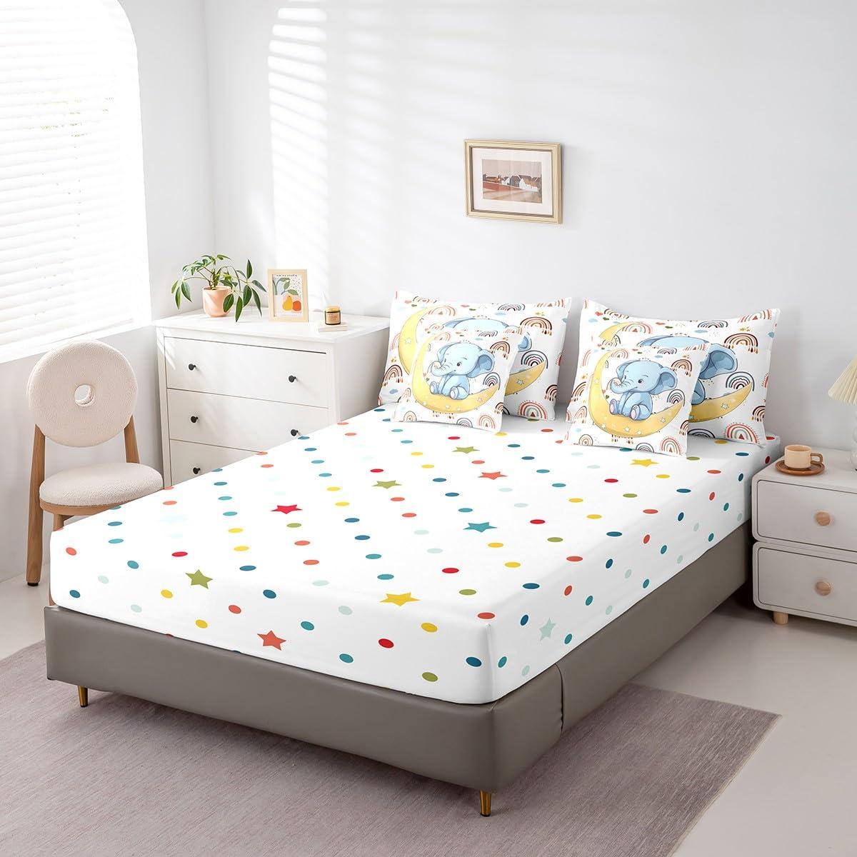 Feelyou Feelyou Cartoon Elephant 7 Piece Bedding Set Queen Size Star Moon Comforter Set with Sheets for Boys Girls Rainbow Bed in a Bag Women Men Cute Animal Bed Set