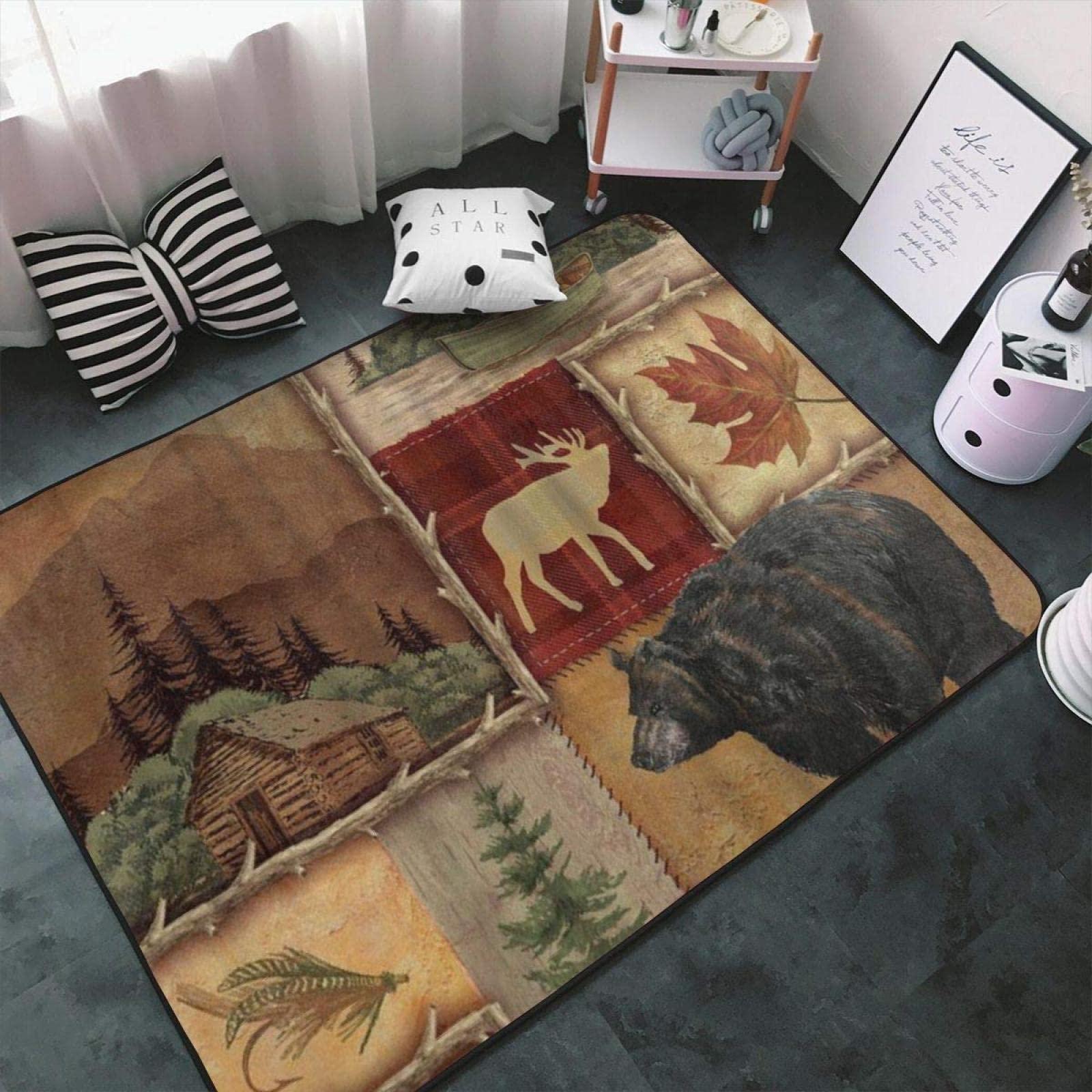 Meuaino Rustic Lodge Bear Moose Area Rug, Retro Rustic Lodge Wildlife Decorative Rug, Easy Clean Carpet with Anti-Slip Backing for Bedroom Living Room Dining Room Office 4ftx6ft