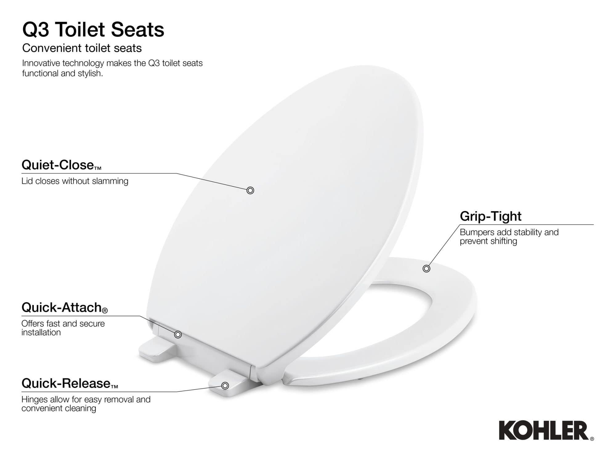 Kohler KOHLER K-4009-0 Reveal Round Toilet Seat, with Grip-Tight Bumpers, Quiet-Close Seat, Quick-Release Hinges, Quick-Attach Hardware, No Slam Toilet Seat, White