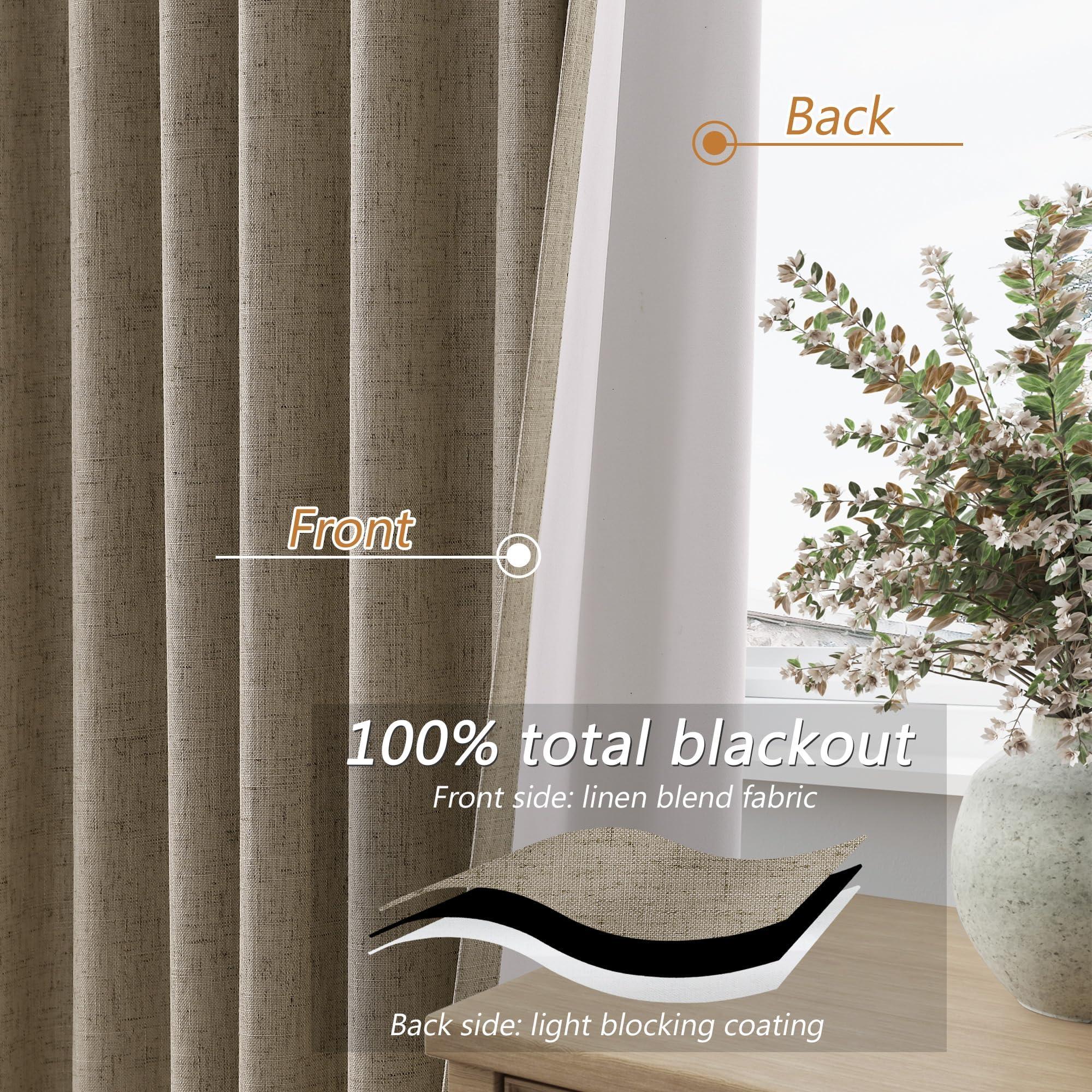 Guken Guken Burlap Blackout Curtains 108 Inch Length 2 Panels Set for Living Room Bedroom Back Tab Thermal Insulated 100% Black Out Linen Drapes Room Darkening Window Curtains 108 Inches Long Burlap