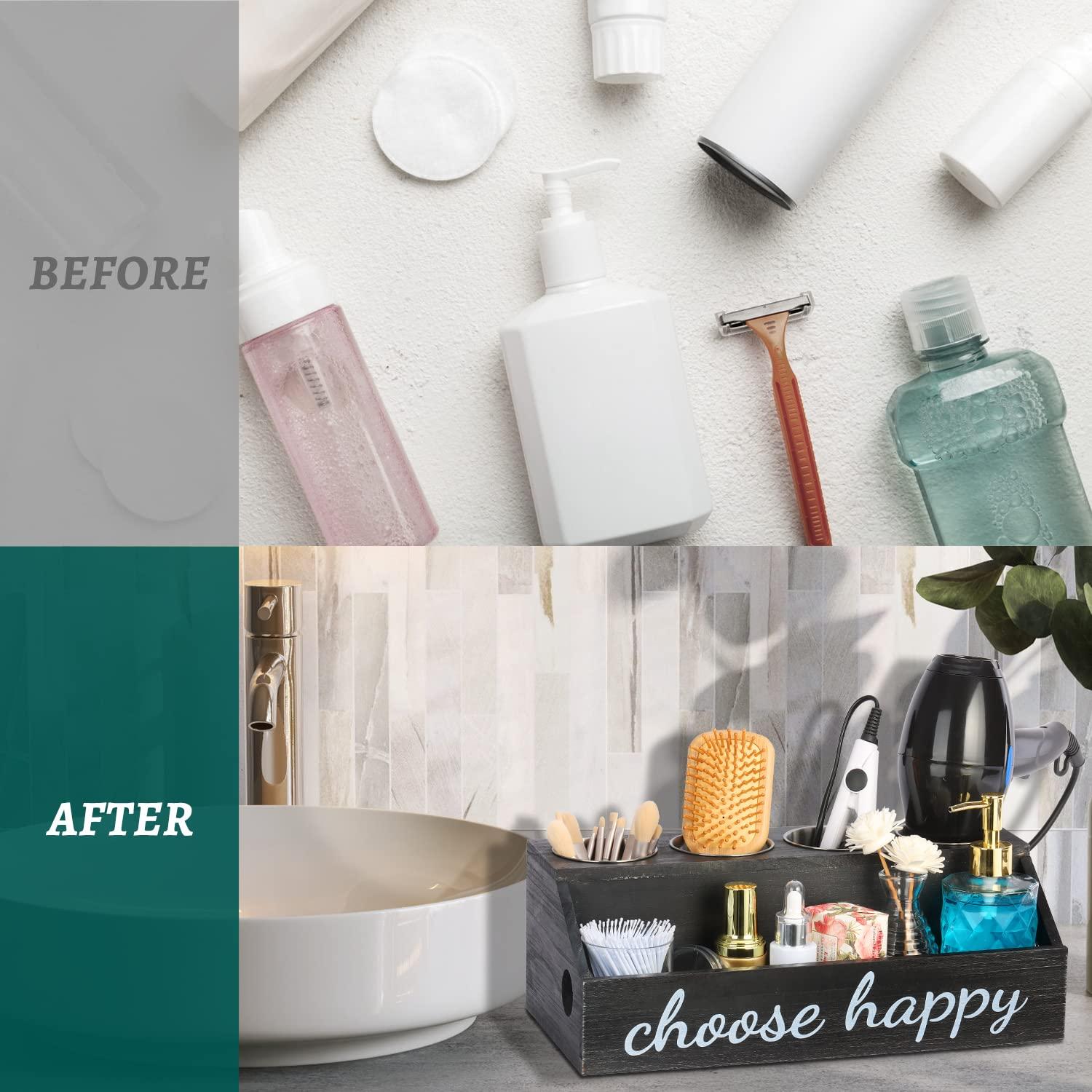 PHUNTTEK Hair Tool Organizer, 5 Compartments Hair Dryer Holder Wall Mounted/Countertop Rustic Black Wood Bathroom Organizer Blow Dryer Holder Hot Hair Tools Curling Iron Holder Vanity Cabinet Storage Stand