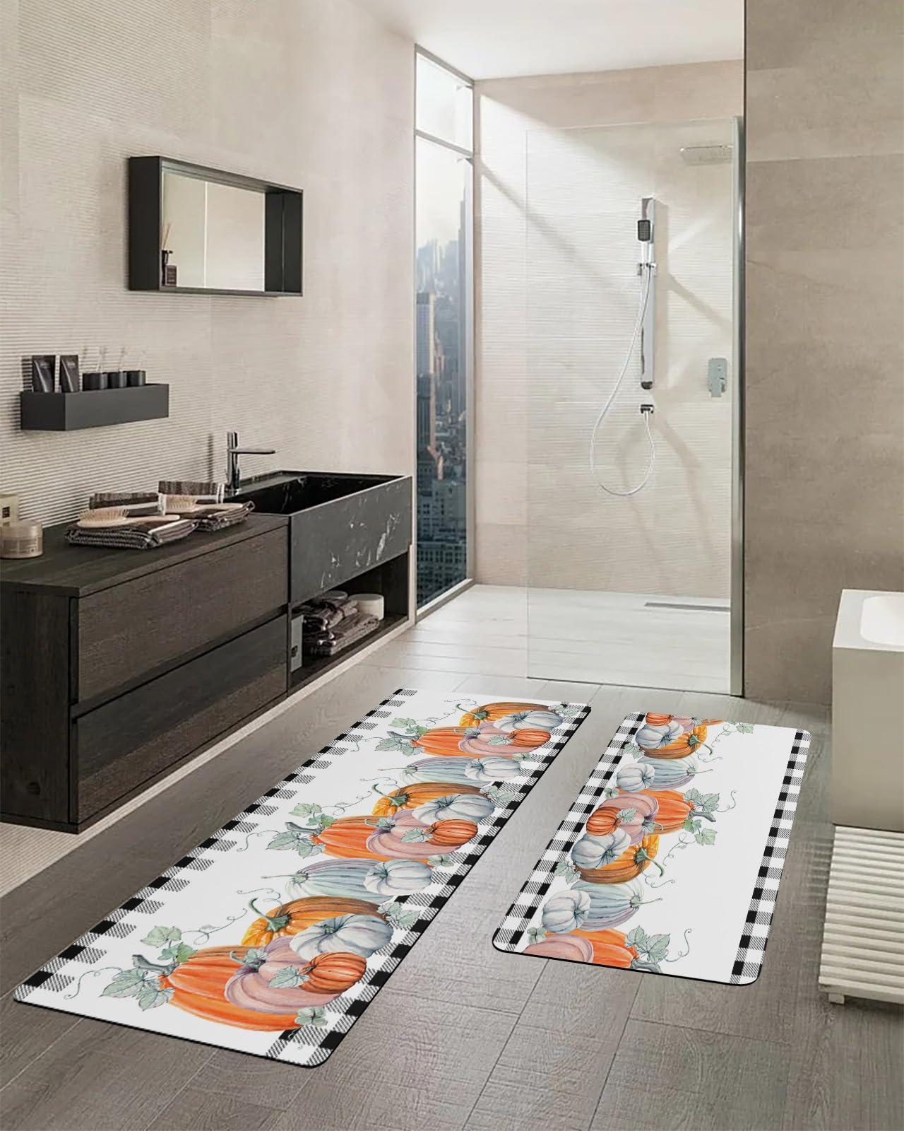 Jolunifun Thanksgiving Pumpkin Bath Mat for Tub,Non Slip Bathroom Floor Runner Rug Quick Dry & Absorbent Diatomaceous Earth Shower Sink Kitchen Washable Doormat,Fall Eucalyptus Buffalo Plaid Check 16x24+16x47