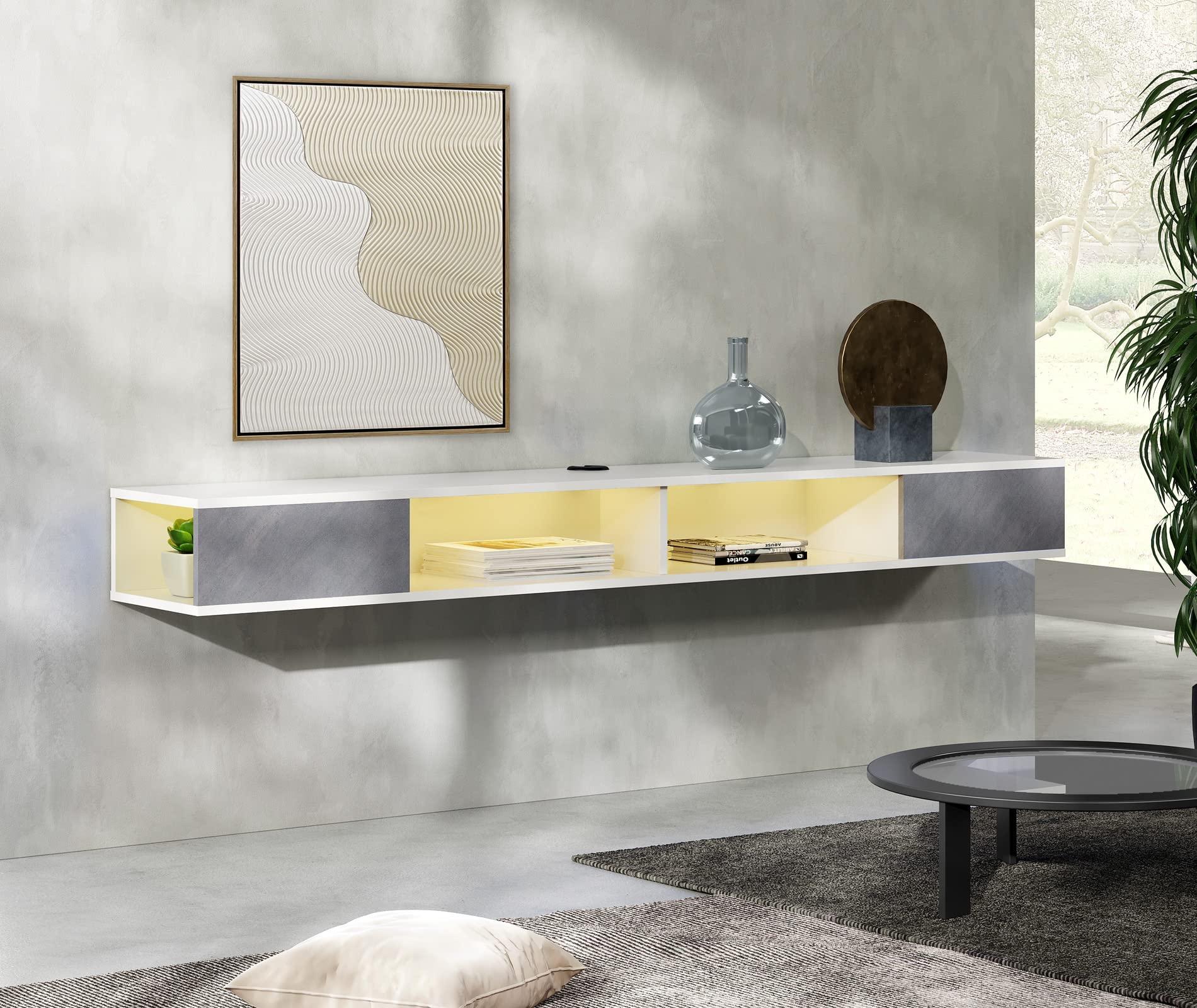 WAMPAT WAMPAT Floating 70 inch TV Stand with Yellow/Blue LED Lights, Entertainment Center Media Console, Wall Mounted Shelf Media Console Cabinet with Storage for 65/70/75 Inch TVs, White&Grey